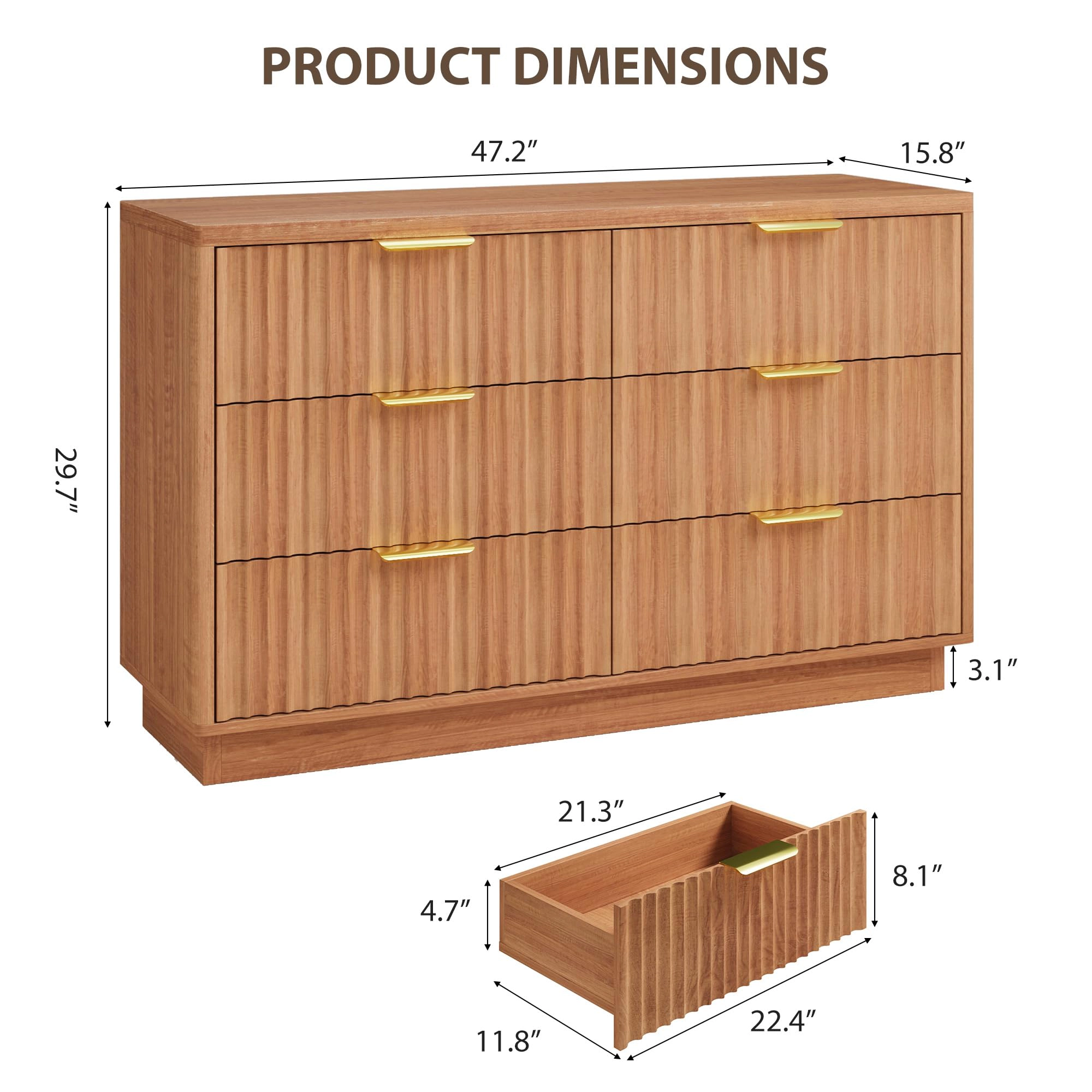 Modern 6 Drawer Wood Dresser, 47" Chest of Drawers Storage Cabinet for Bedroom or Nursery
