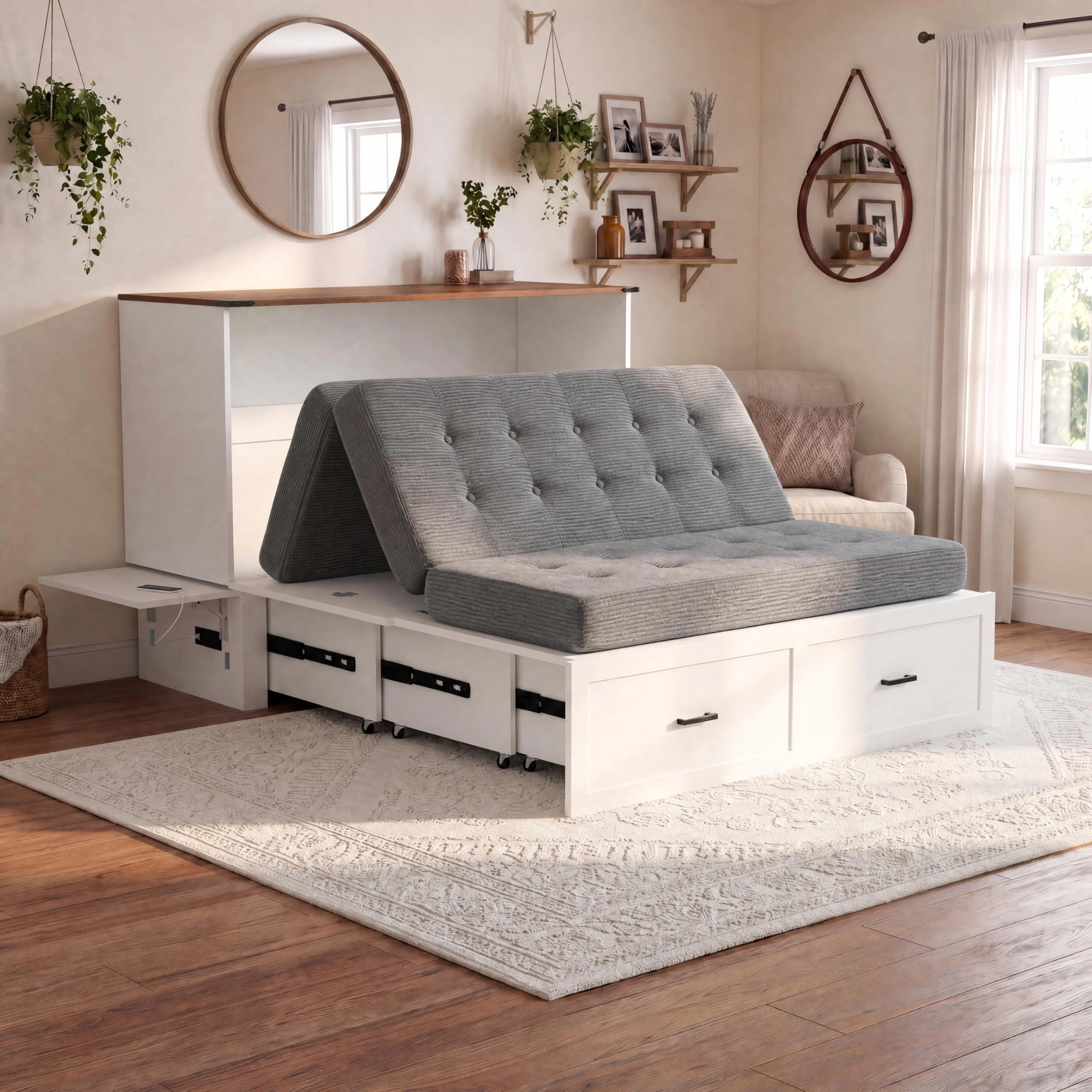 Queen Murphy Bed Cabinet with Storage Drawer, Charging Station & Fold-Out Platform Bed with Mattress Included