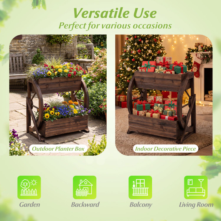 Hivvago 2-tier Raised Garden Bed Rustic Wood Wagon Planter with Drainage Holes and Semi-wheels