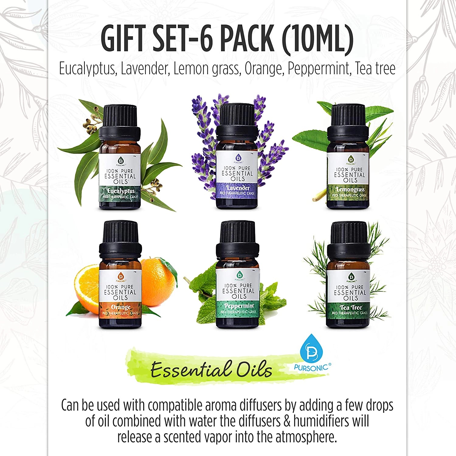 Pursonic Unisex Natural Wellness Aromatherapy 6-Pack Essential Oil Set