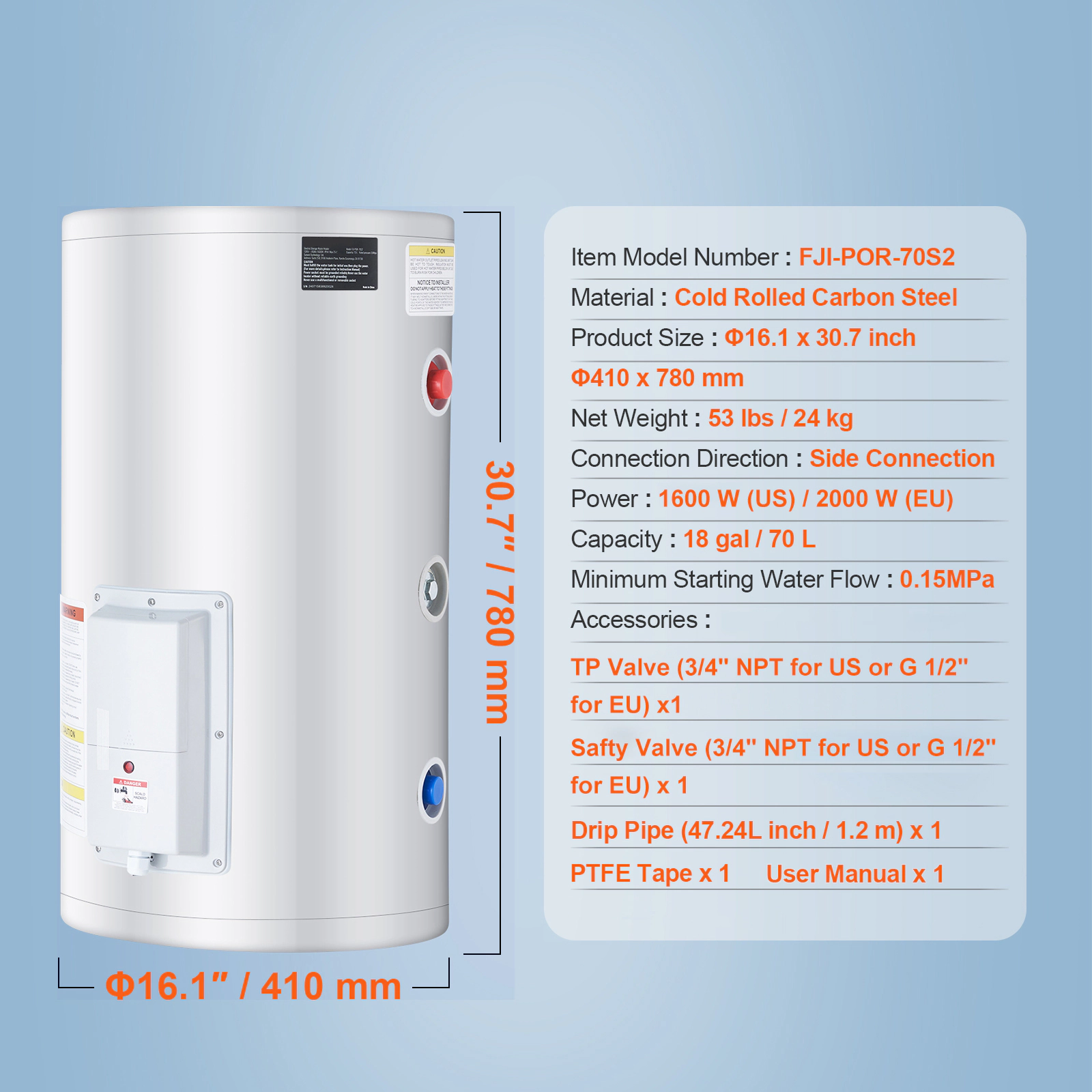 HONGGE Electric Water Heater Tank Instant Hot Water Heater 1.6Kw Tankless Water Heater w/ LED Display Knob Control IPX4