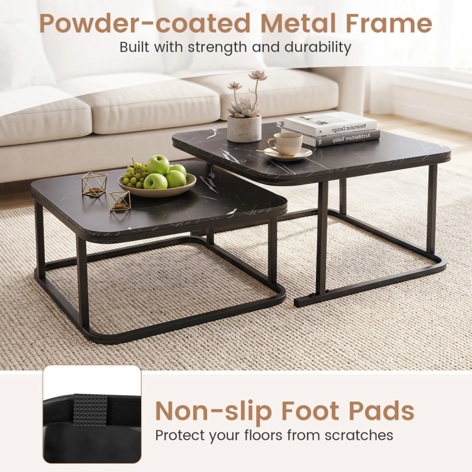 SUGIFT Set of 2 Nesting Faux Marble Top Metal Frame Coffee Tables 27.5-in x 27.5-in x 16-in 66-lb Capacity Black