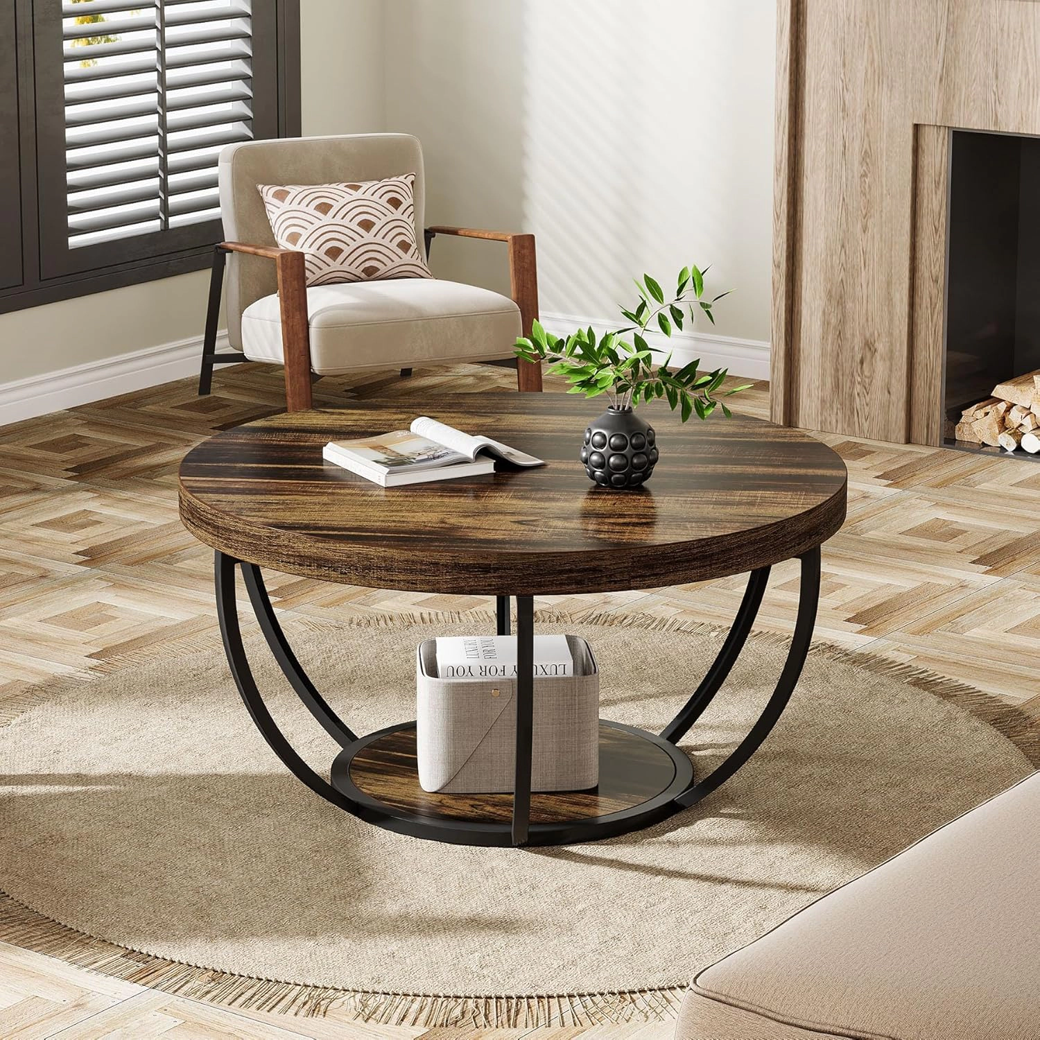 Tribesigns 31.7" Round Industrial Coffee Table with 2-Tier Storage Shelves