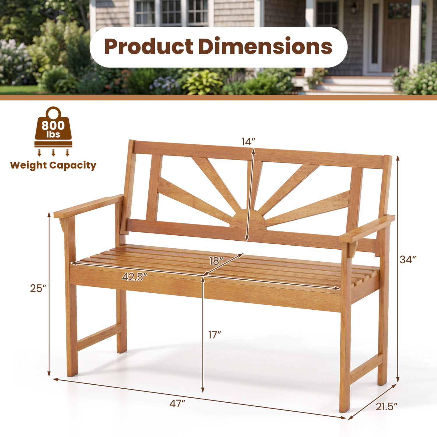LJG 2-Seater Acacia Wood Loveseat Bench with Backrest and Armrests for Patio