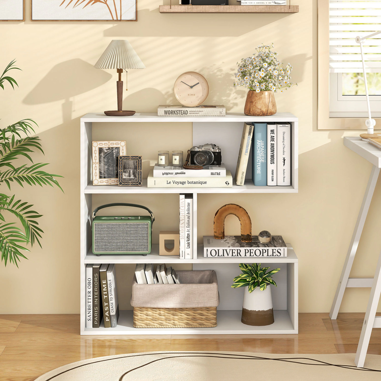 LJG Concave Bookshelf with 3 Open Shelves & Anti-Toppling Device for Living Room