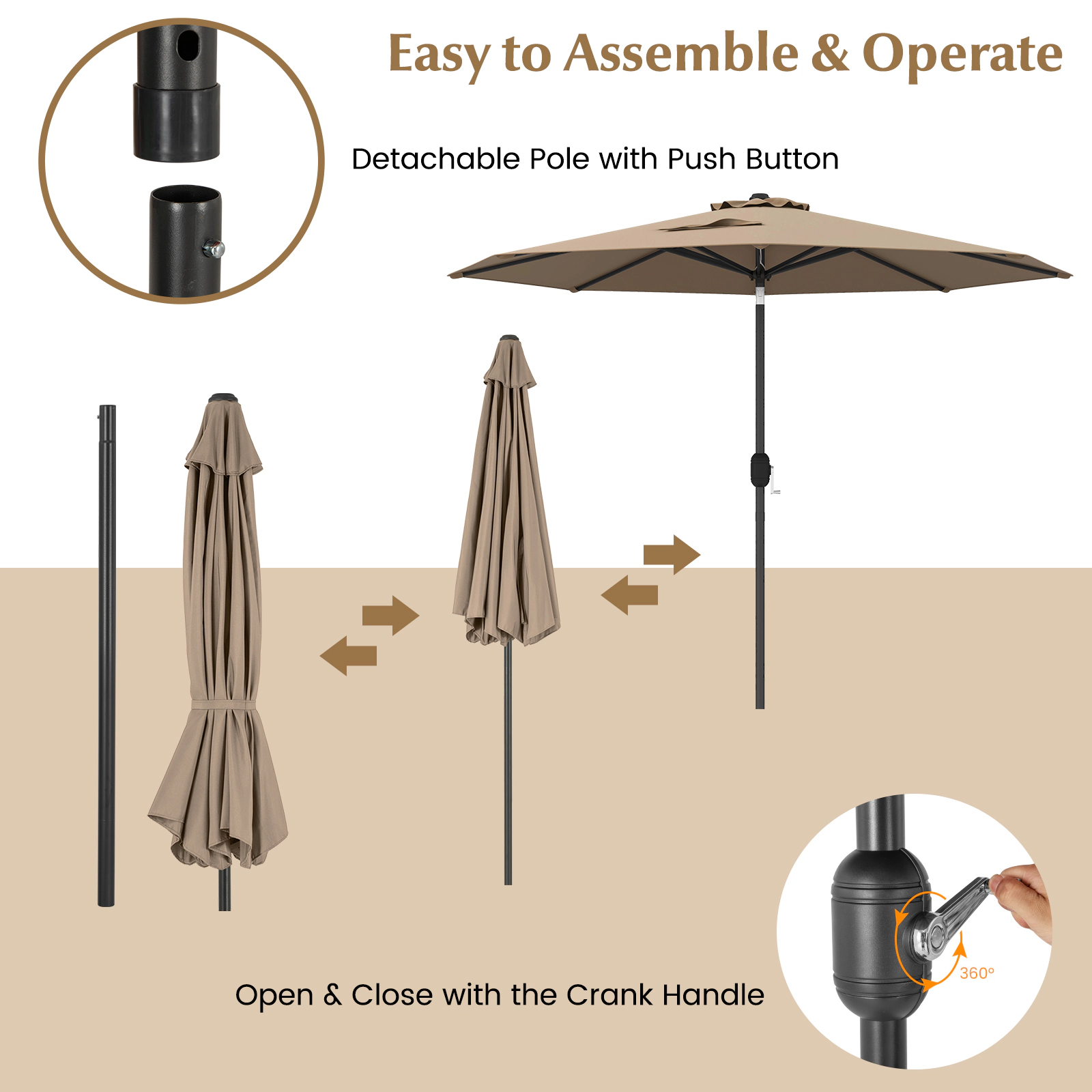 SUGIFT 9 ft Outdoor Market Patio Table Umbrella with Push Button Tilt & Crank Lift 12-lb Net Weight 8-Rib Iron Frame Tan