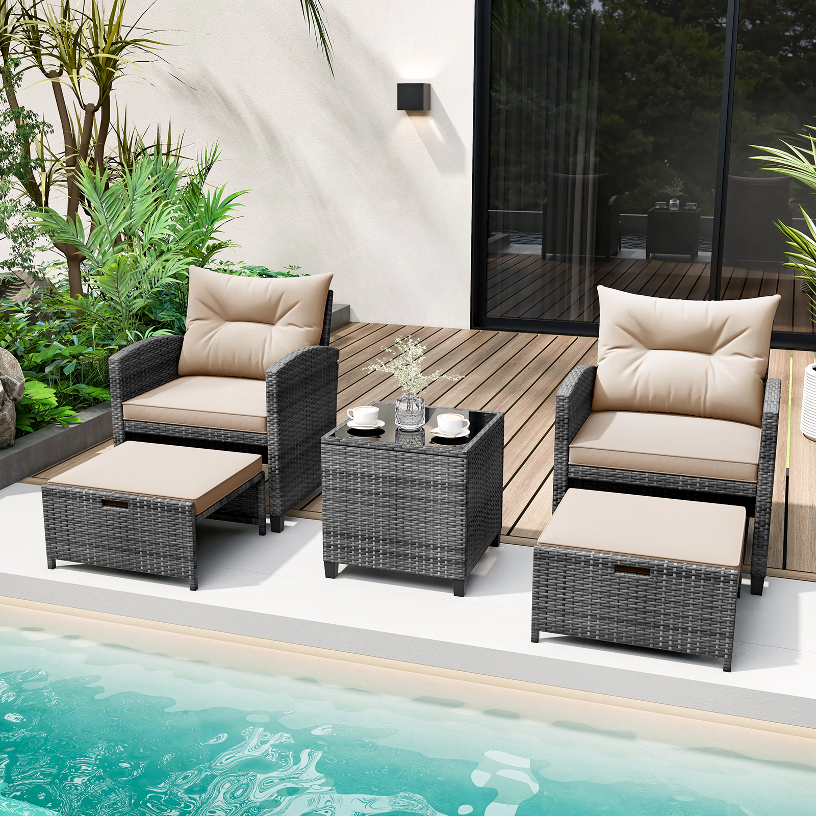 SUGIFT 5-Piece Mix Gray PE Rattan Patio Set with 2 Chairs, 2 Ottomans and Glass Table