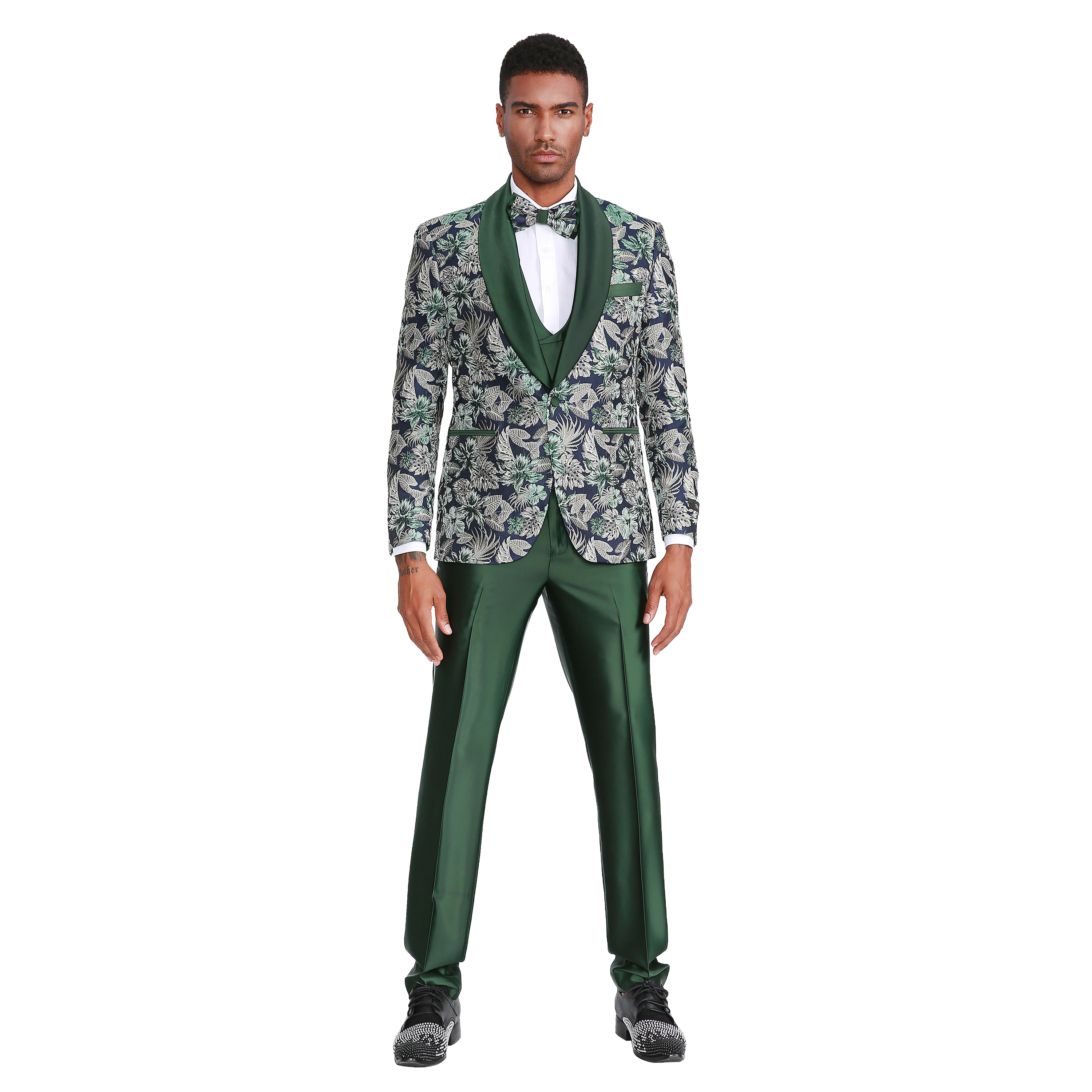 Tazzio Mens Skinny Fit Floral 3pc Fashion Suit Set With Bowtie