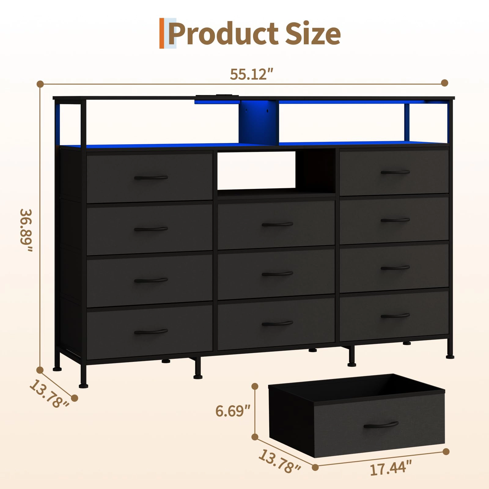 55.1" 11 Drawer Fabric Dresser with LED Lights, Power Outlet & Open Shelves