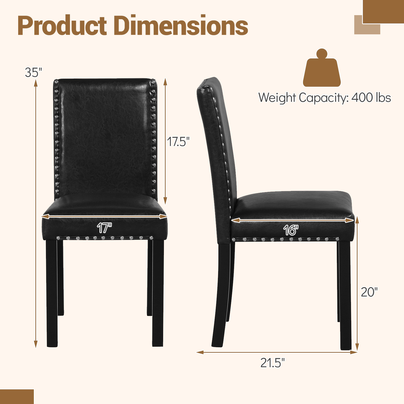 SUGIFT Set of 2 Black Faux Leather Armless Dining Chairs with Wood Legs