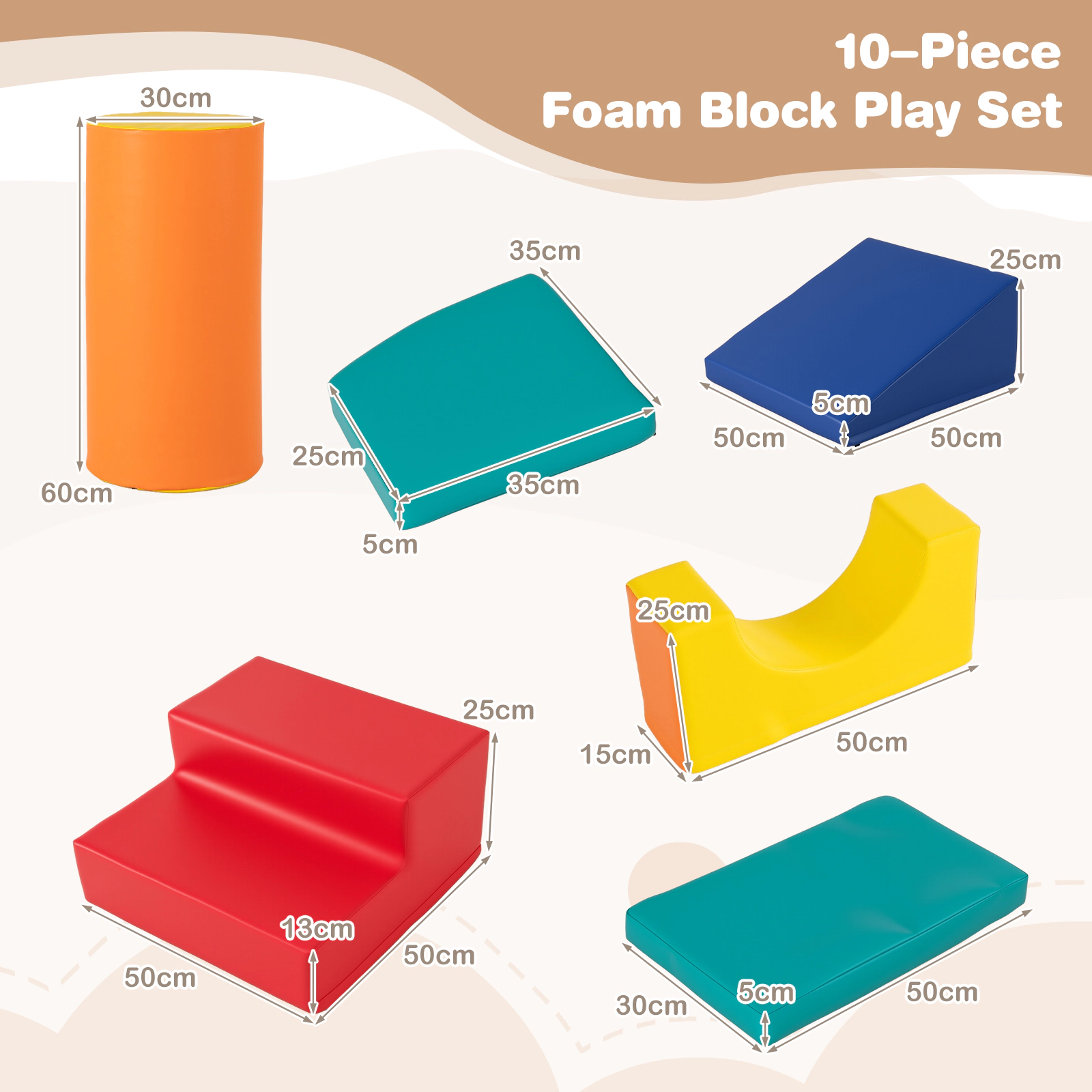 10-Piece Toddler Foam Climbing Blocks Wear-Resistant PU Leather Soft Play Set Ages 12-36 Months Colorful