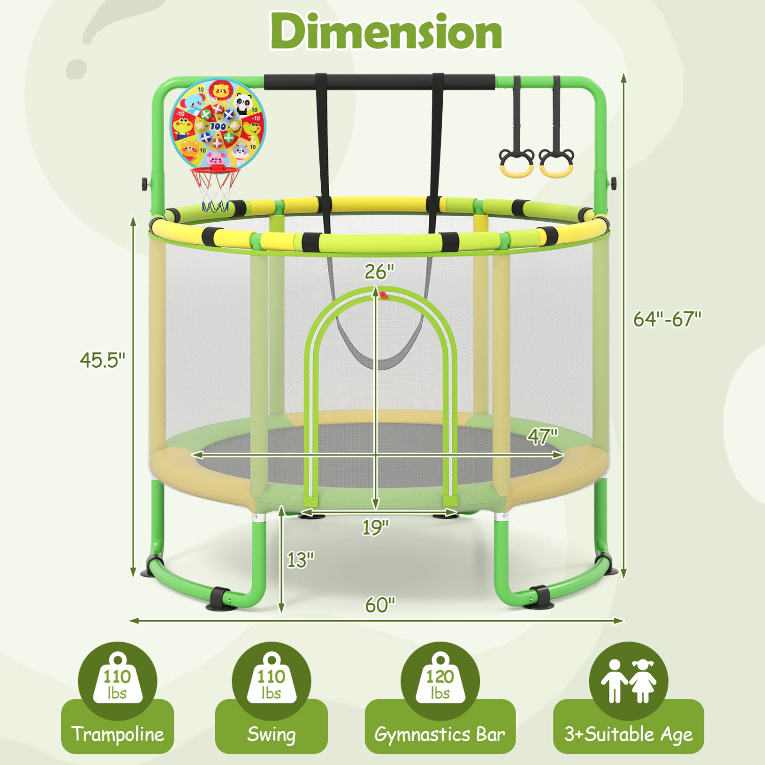 LJG 60 Inch 6-in-1 Kids Toddler Trampoline with Gymnastics Bar