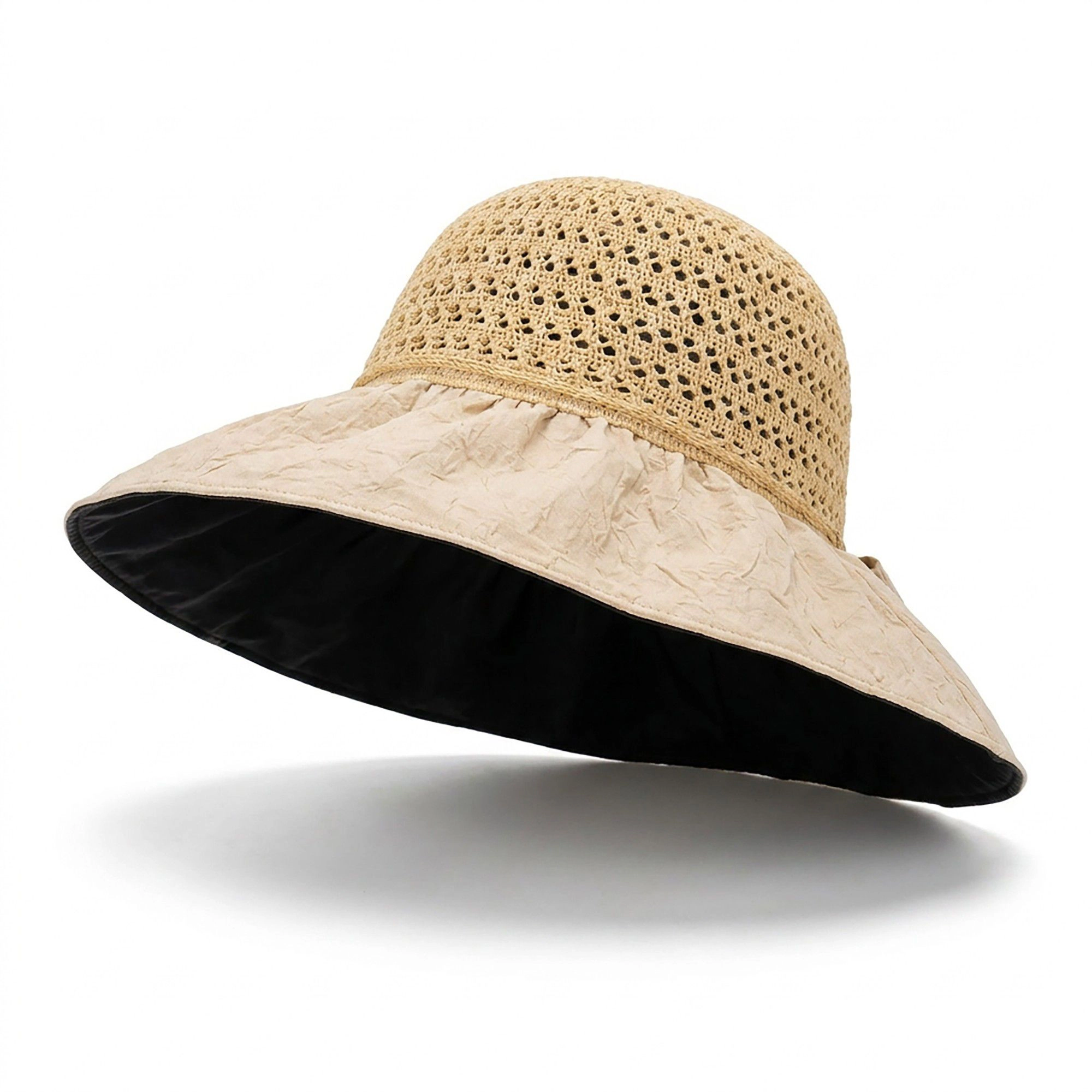 Anna-Kaci Women's Wide Brim Crochet Sun Hat with Bow Accent and Textured Fabric