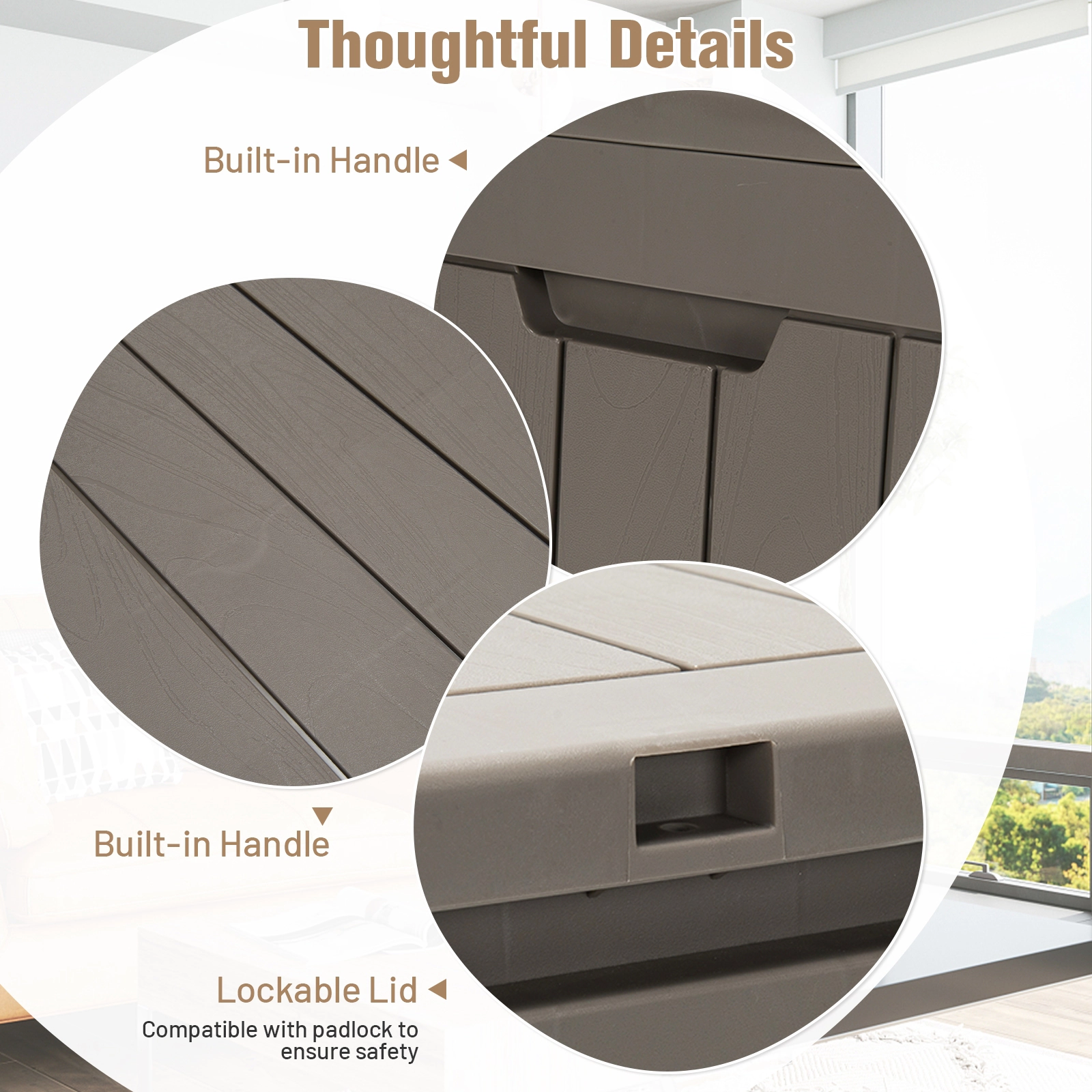 SUGIFT 30-Gallon Weatherproof PP Wood Grain Lift-Top Outdoor Deck Storage Box 22-in x 17-in x 21-in 154-lb Light Brown
