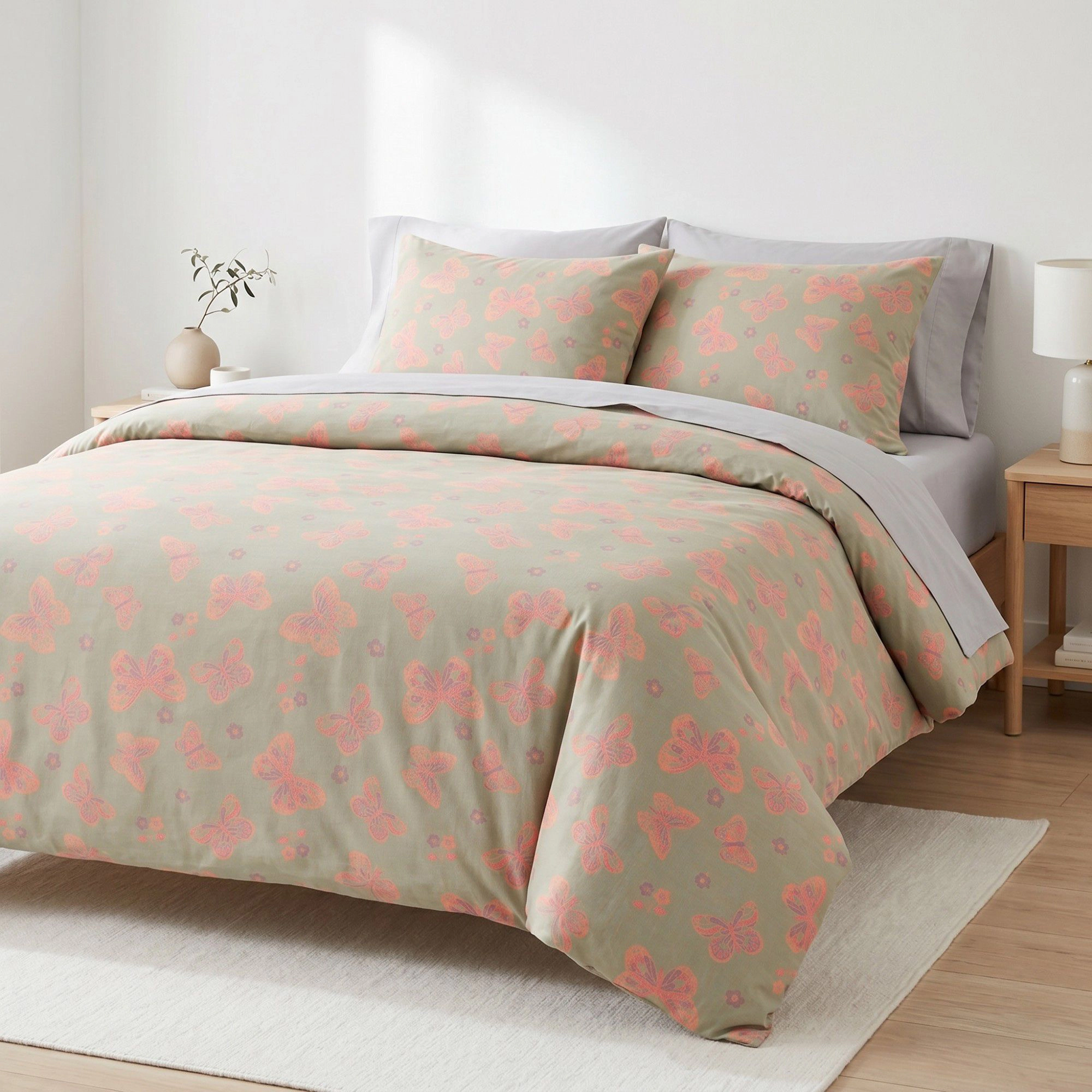 Alilang Unisex 4-Piece Cotton Bedding Set with Butterfly Print Duvet Cover and Pillowcases