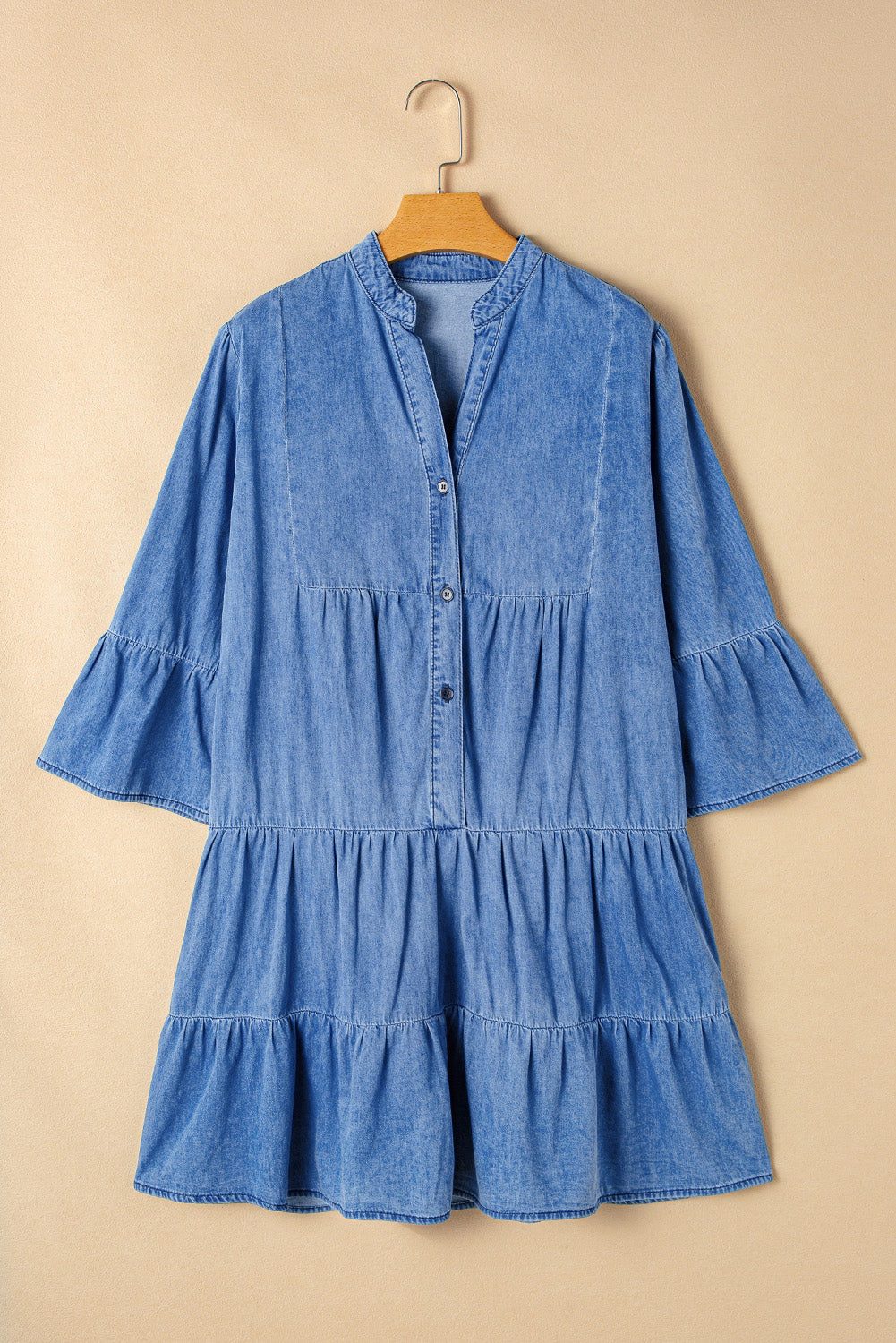 Threaded Pear Womens Sky Blue Chambray Ruffled 3/4 Sleeve Tiered Split V-Neck Mini Dress