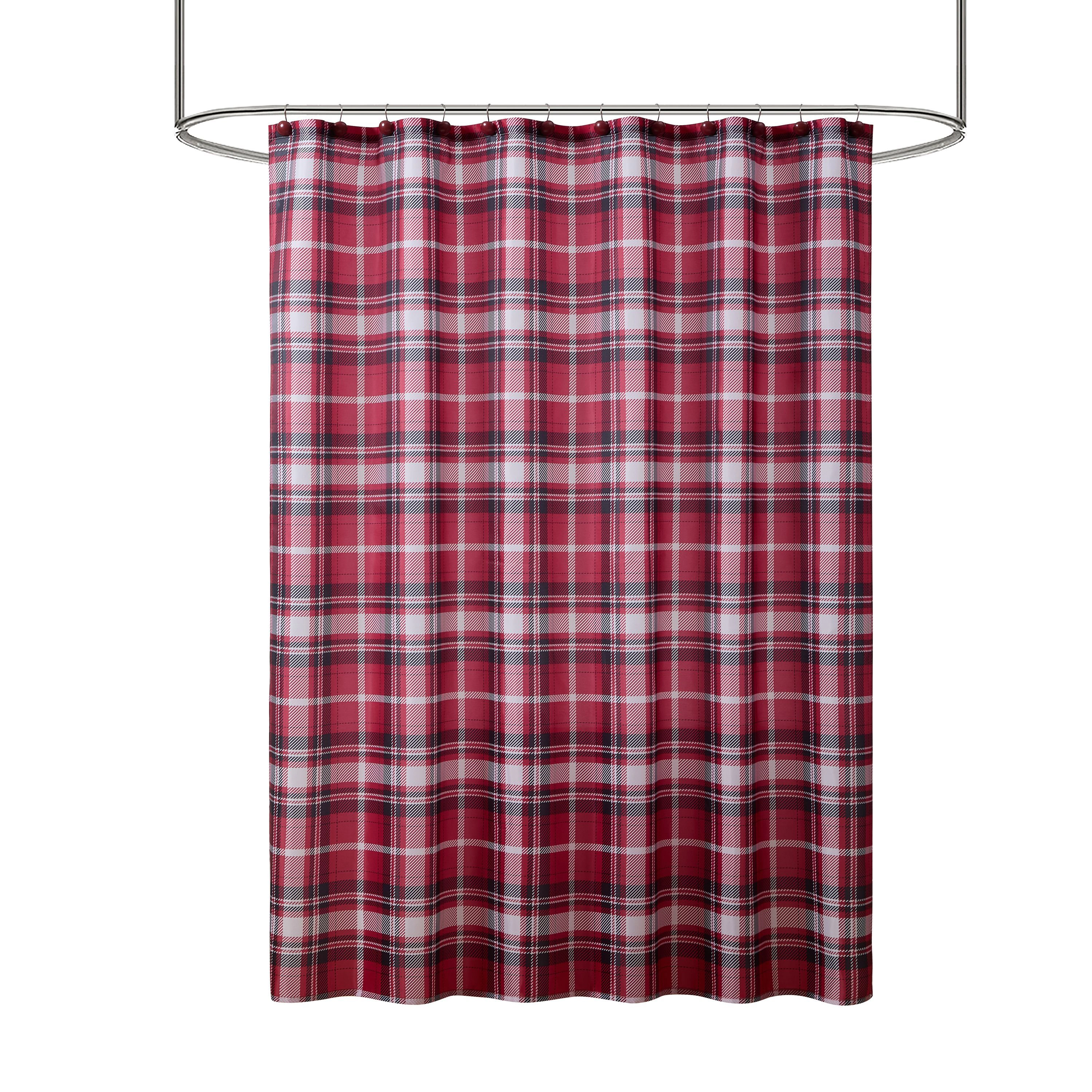 Kate Aurora Tis' The Season Holiday Christmas Plaid Fabric Shower Curtain With 12 Matching Hooks