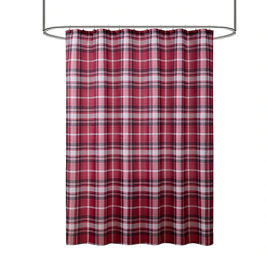 Kate Aurora Tis' The Season Holiday Christmas Plaid Fabric Shower Curtain With 12 Matching Hooks
