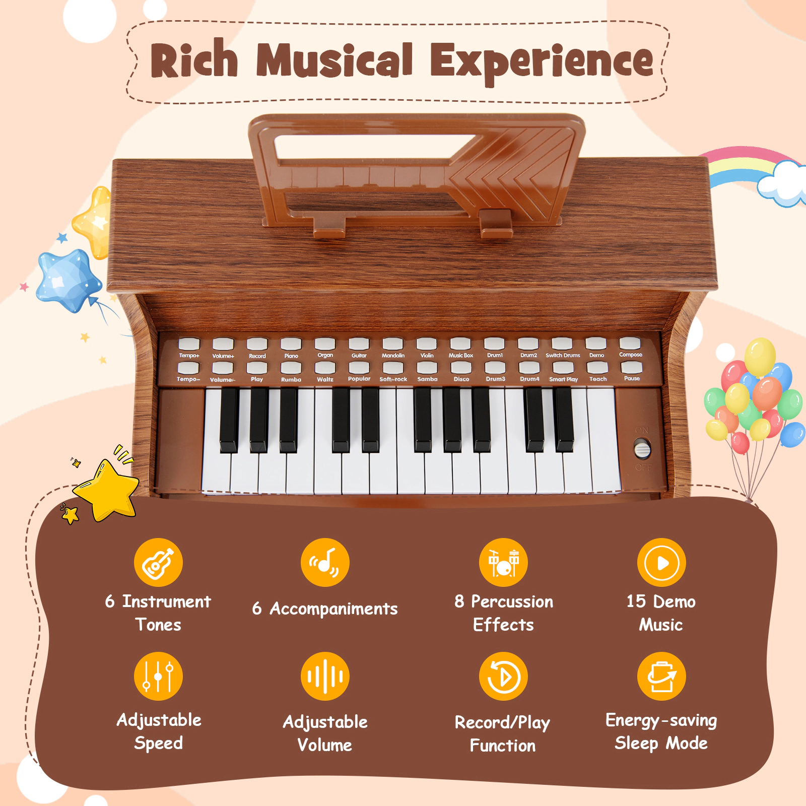 SUGIFT Brown 25-Key Kids Piano Keyboard with Stool Removable Legs and Adjustable Speed and Volume