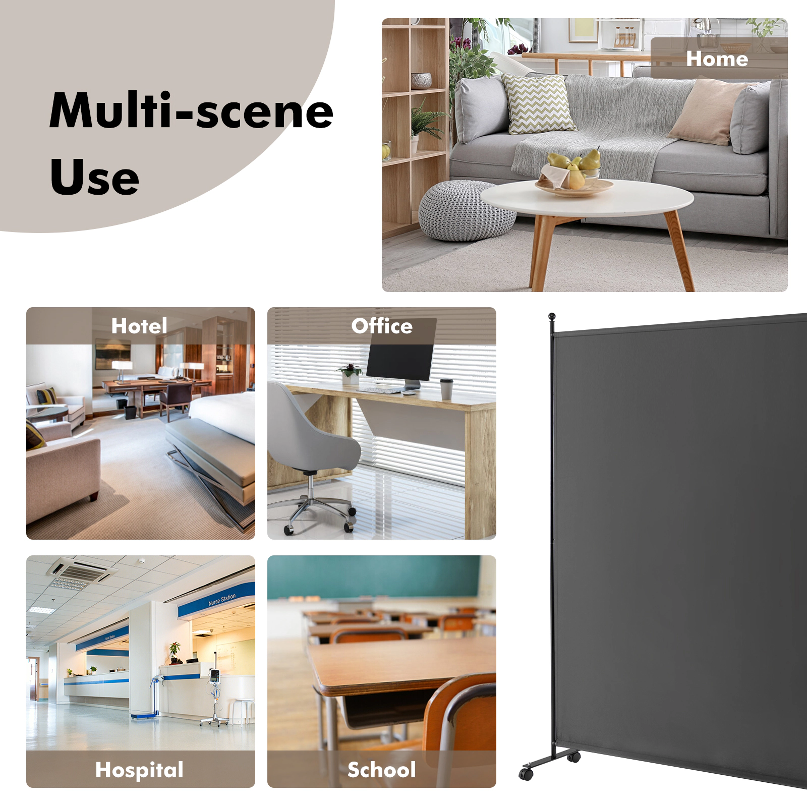 SUGIFT 6-Foot Single Panel Room Divider with Woven Polyester Panel 73-in Tall Metal Frame Smooth 1.5-in Wheels 9-lb Net