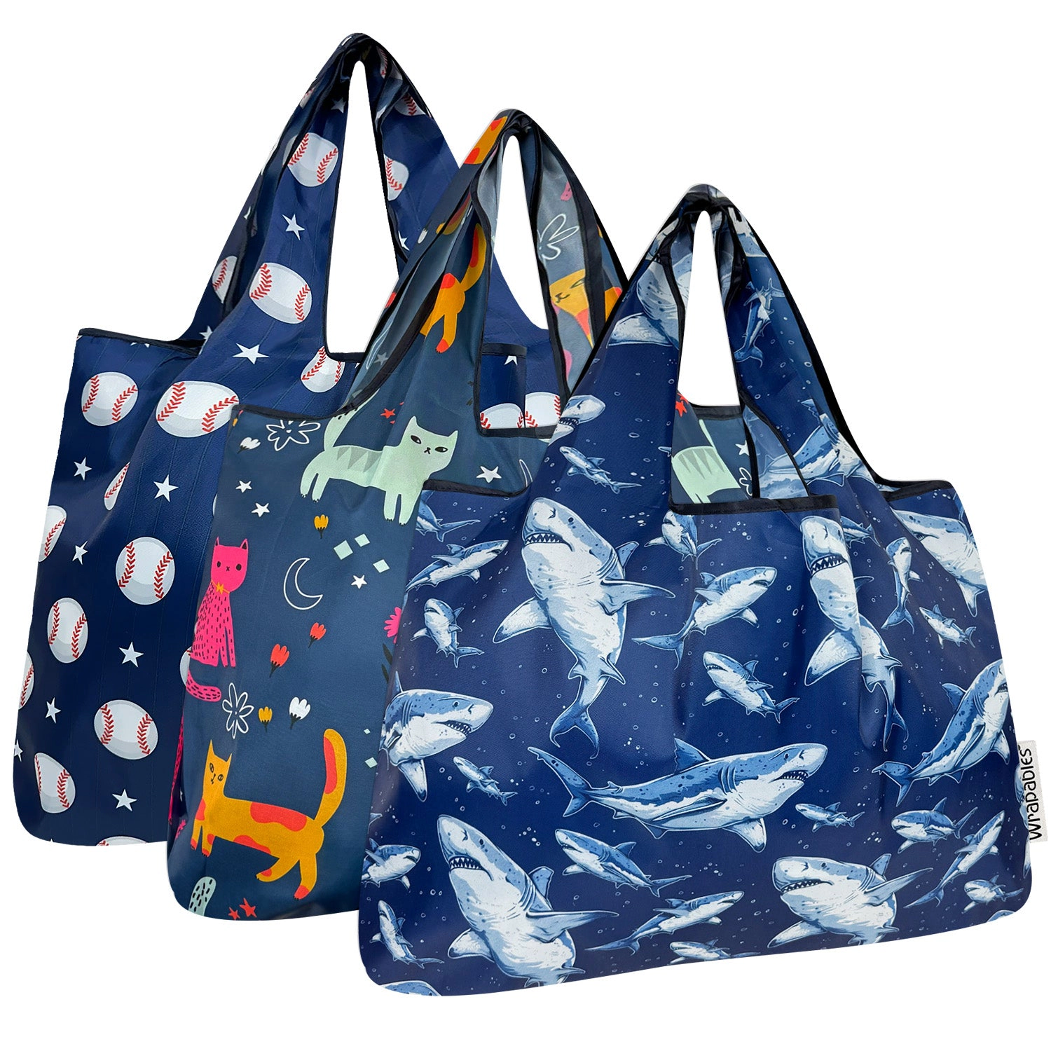 Wrapables Large Nylon Reusable Shopping Bags for Groceries (Set of 3), Blue Thrills