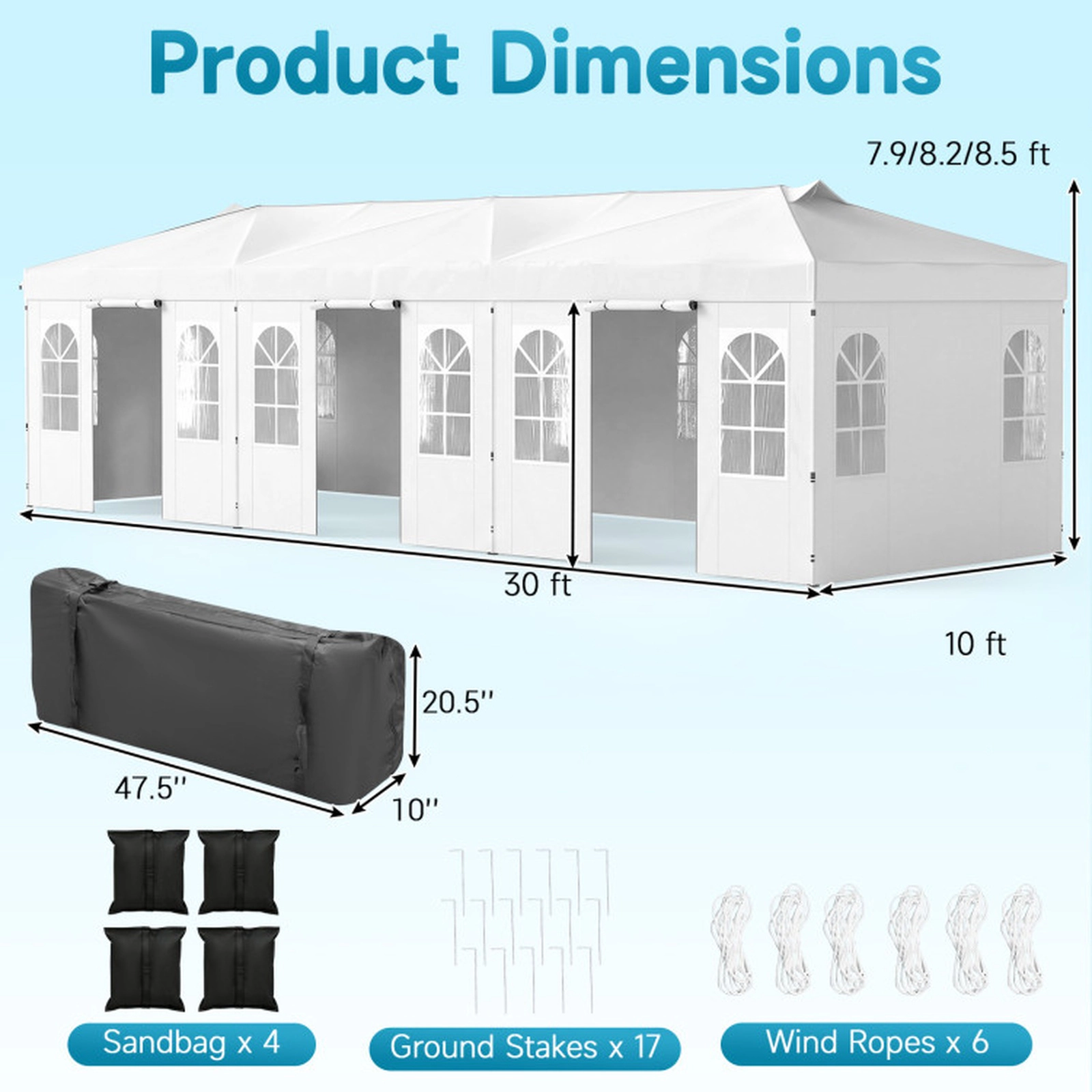 SUGIFT 10 x 30-ft Pop Up Canopy Tent with 8 Sidewalls 3-Height Adjustable Metal Frame with Carry Bag White