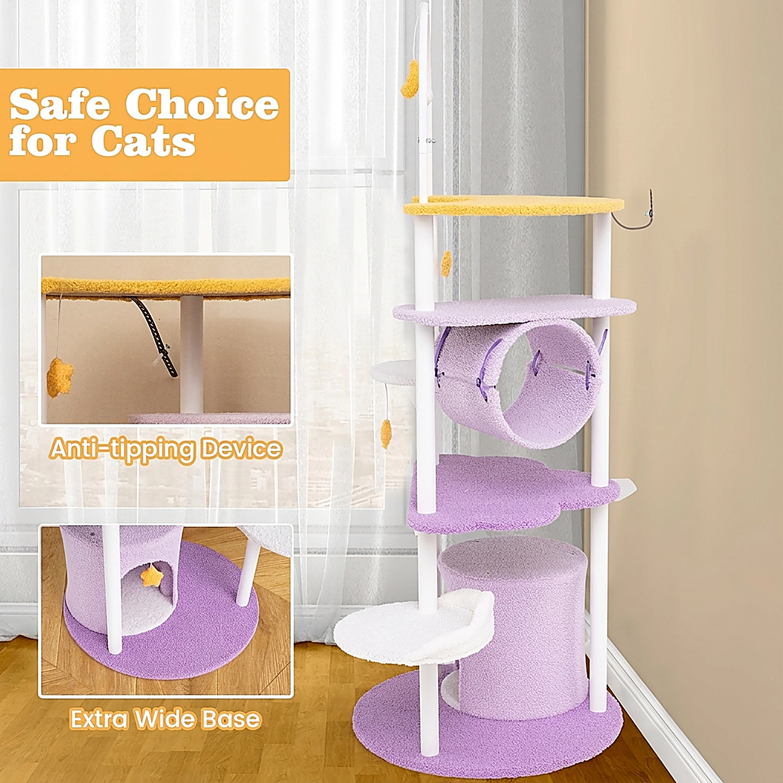 SUGIFT Purple 62 in Large Cat Tower with Metal Frame and Moon-Shaped Platform