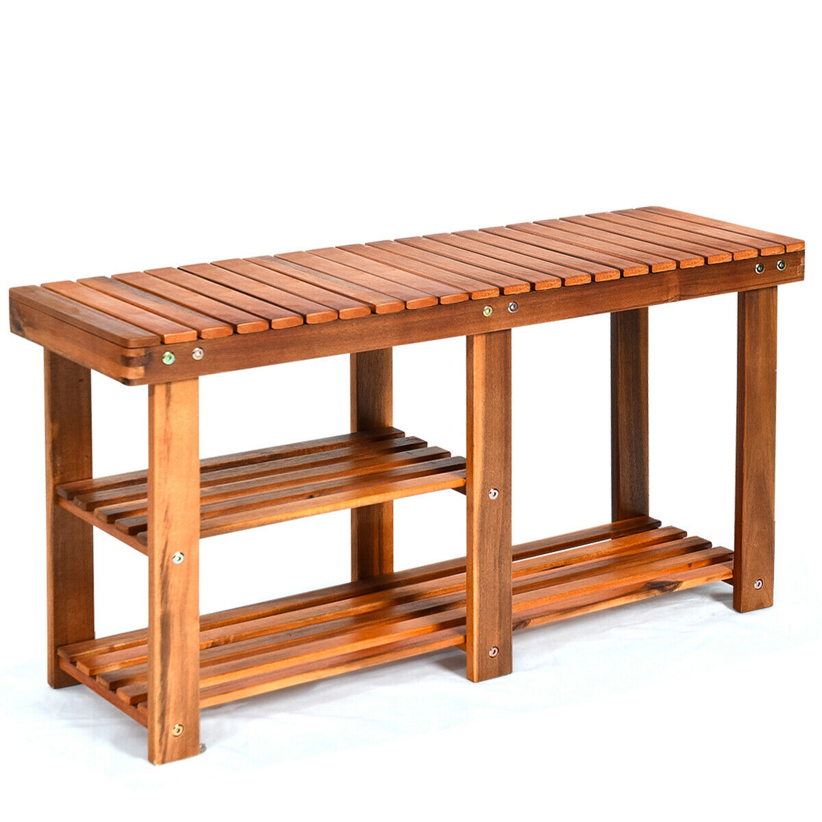 SUGIFT 3-Tier Teak 34-in 350-lb Capacity Freestanding Acacia Wood Shoe Storage Bench with Seat