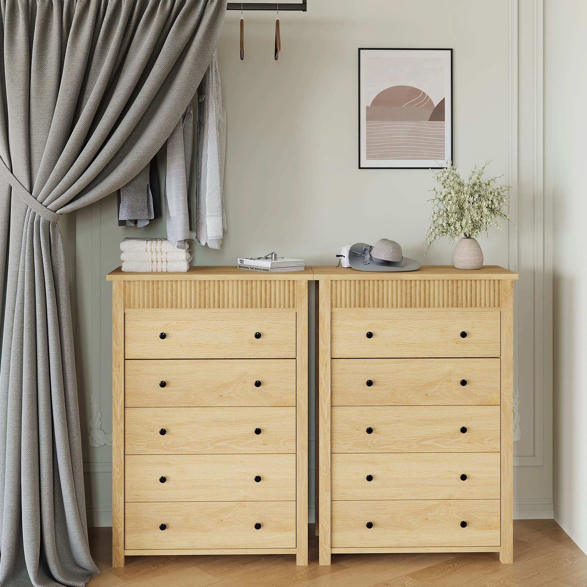 Modern Fluted 5 Drawer Tall Dresser, 31.5" Wide Wooden Storage Chest for Bedroom