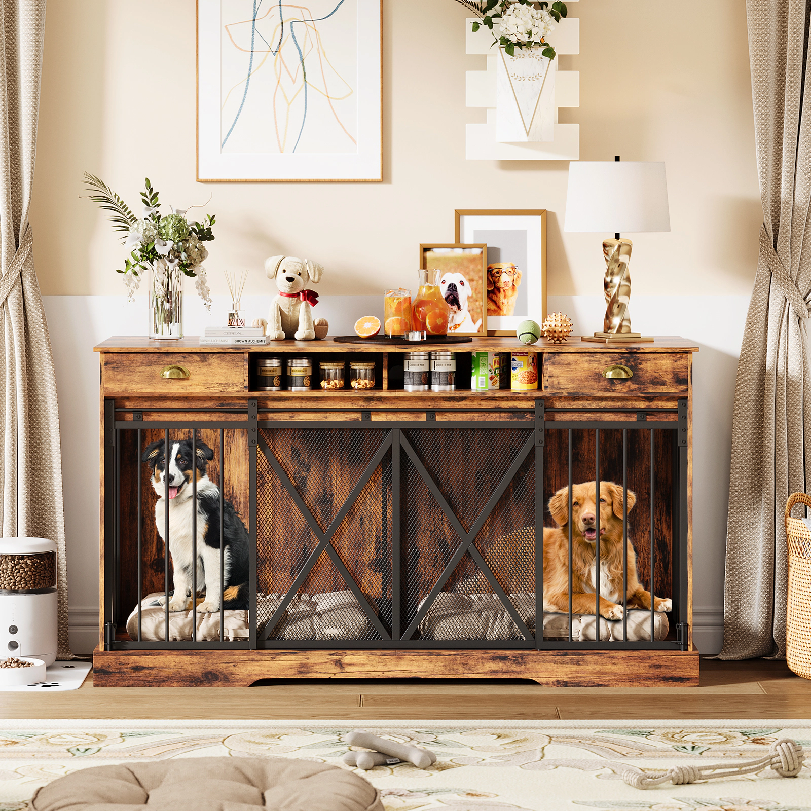 63" Extra Large Double Dog Crate with Removable Divider & 2 Drawers, Heavy Duty Furniture TV Stand