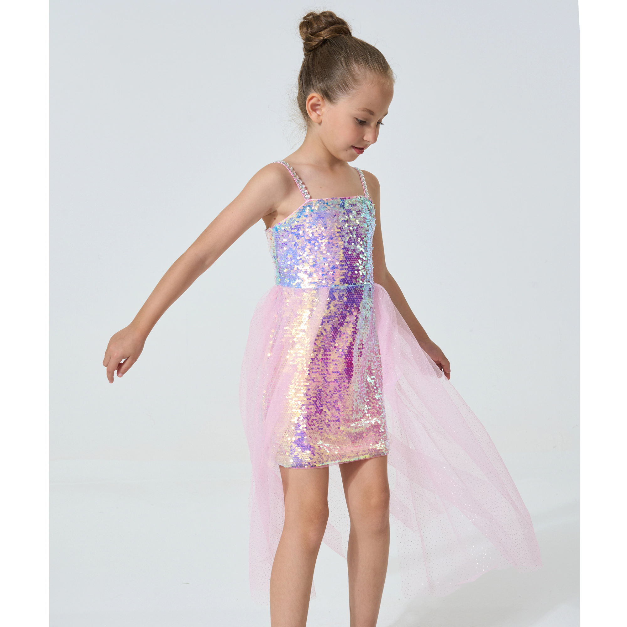 2Bunnies Girls' Ombre Sequin Dress with Tulle Waist Overskirt