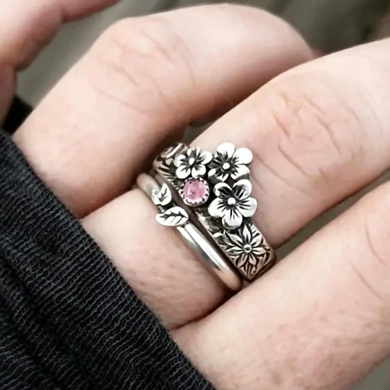Premium Charms Womens Oxidized Silver Tone Red Gemstone Flower Leaf ...