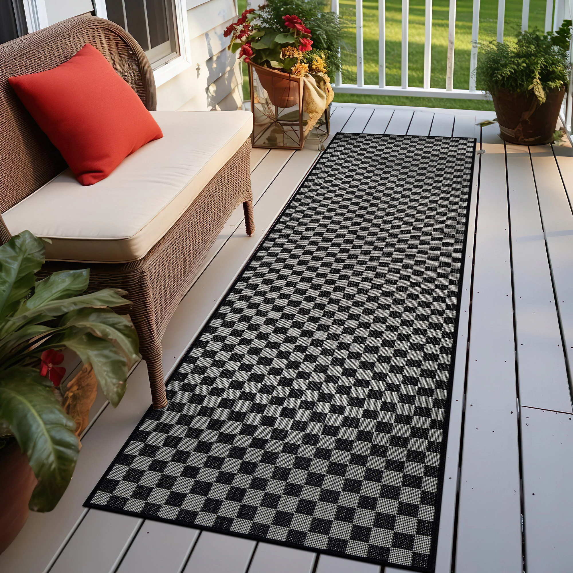 World Rug Gallery Checkered Indoor/Outdoor Flat Woven-Natural Jute-Style, Easy-Care Patio for Backyard Porch Deck