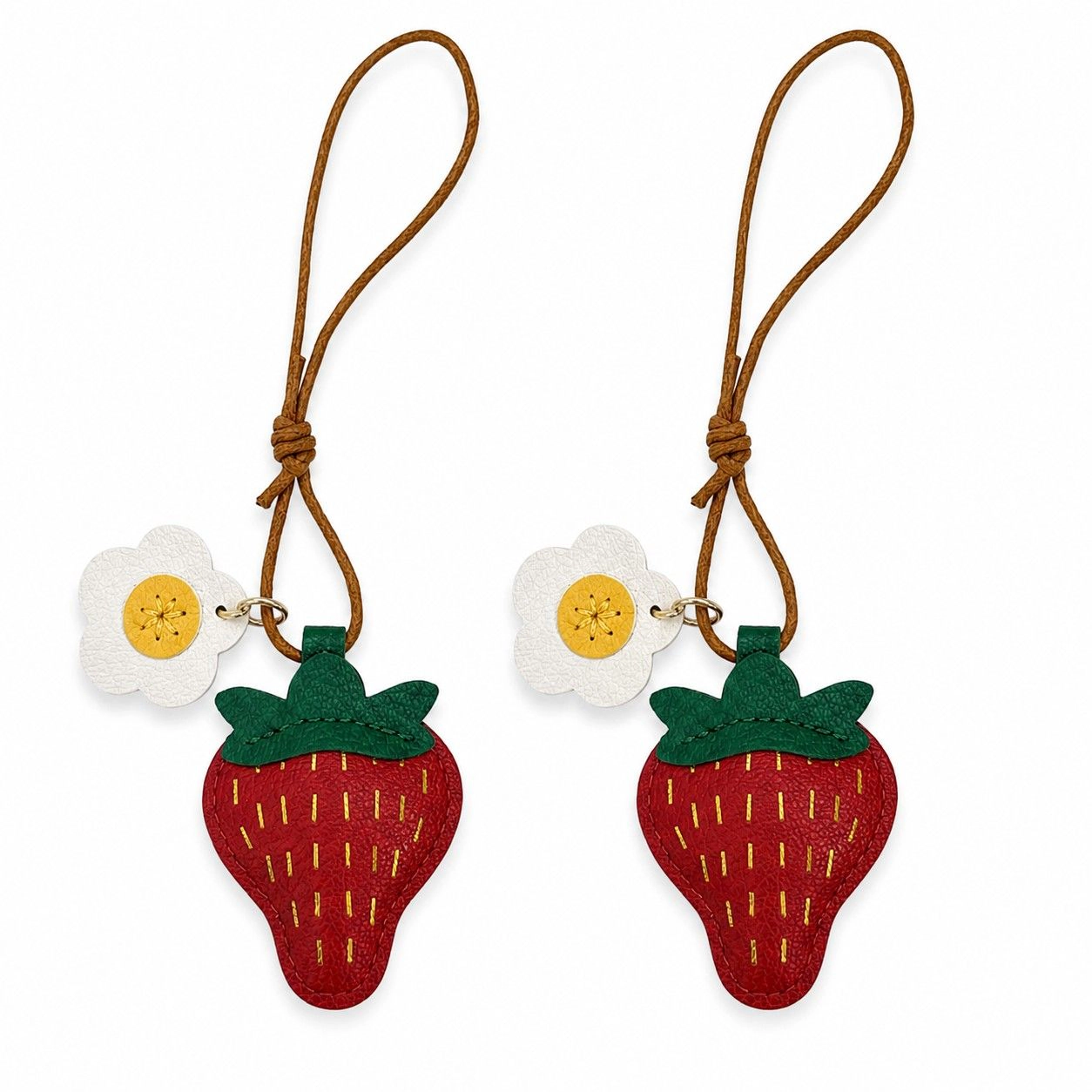 Alilang Women's 2-Pack Stitched Strawberry Bag Charm Keychains with Daisy Accents and Cord Loops