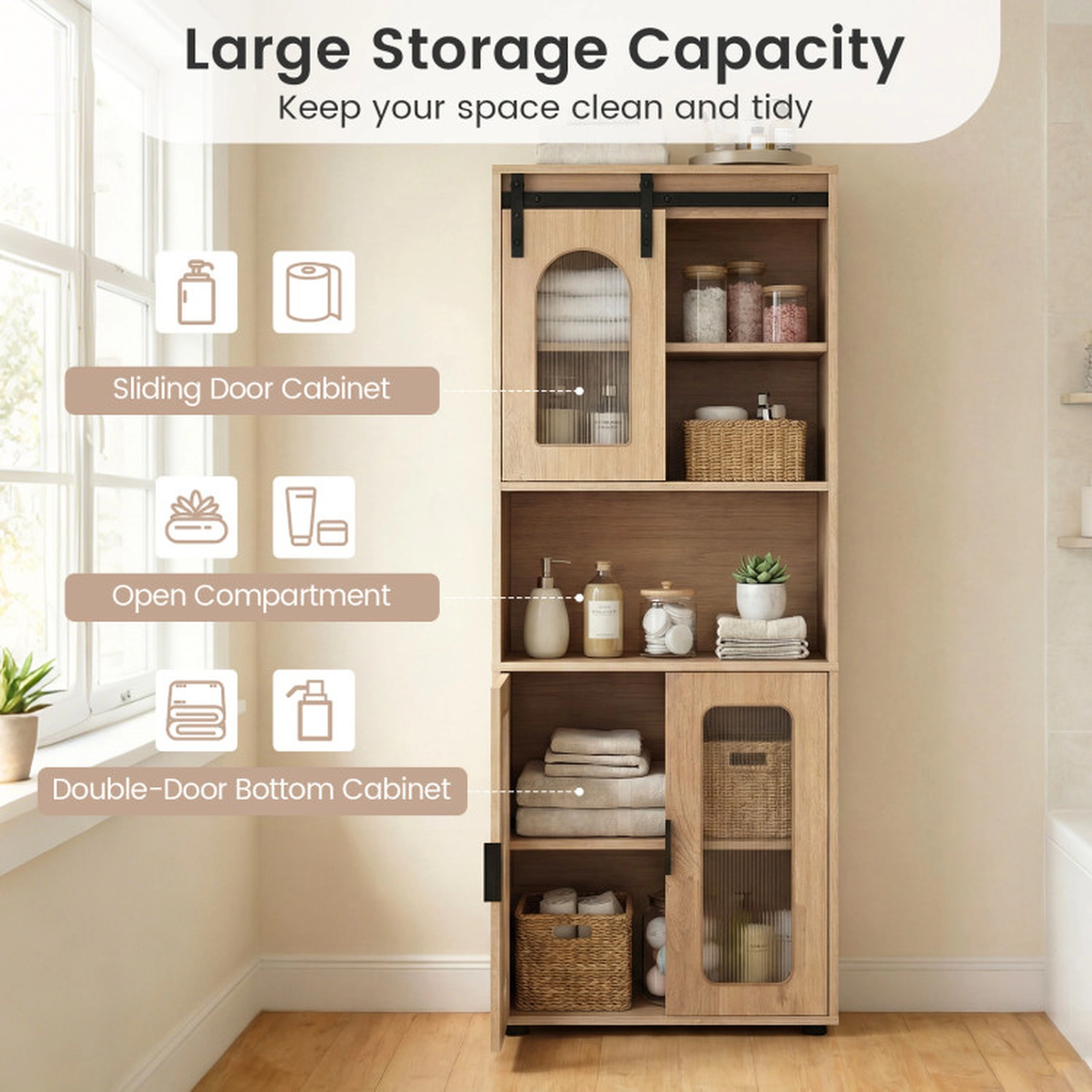 SUGIFT Sliding Barn Door Open Compartment Tall Bathroom Floor Cabinet 23.5-in x 12-in x 59-in 44-lb per Shelf Natural