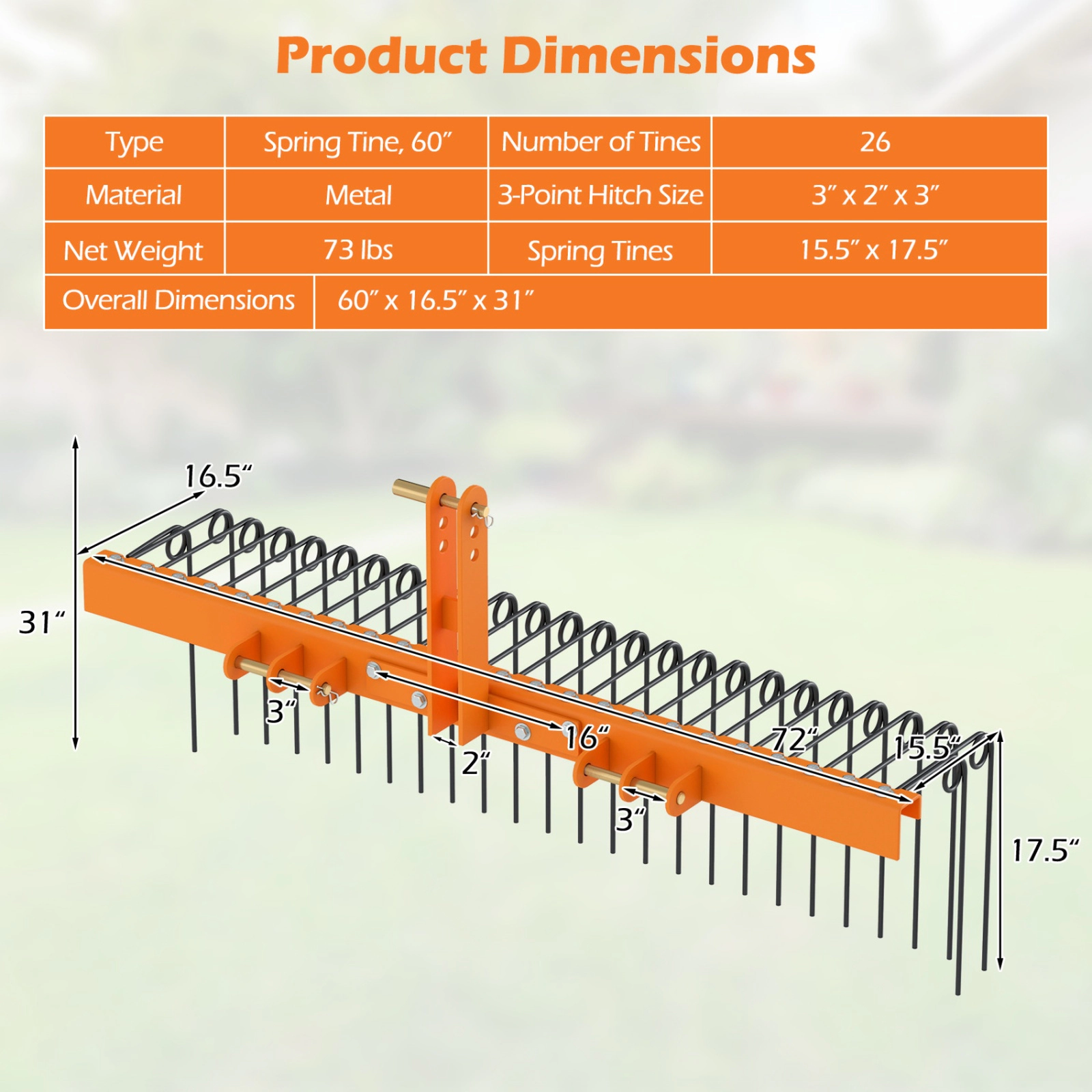 SUGIFT 60-in Pine Straw Rake Tow-Behind Garden Cart Attachment with 26 Metal Coil Tines 73-lb Metal Frame Black & Orange