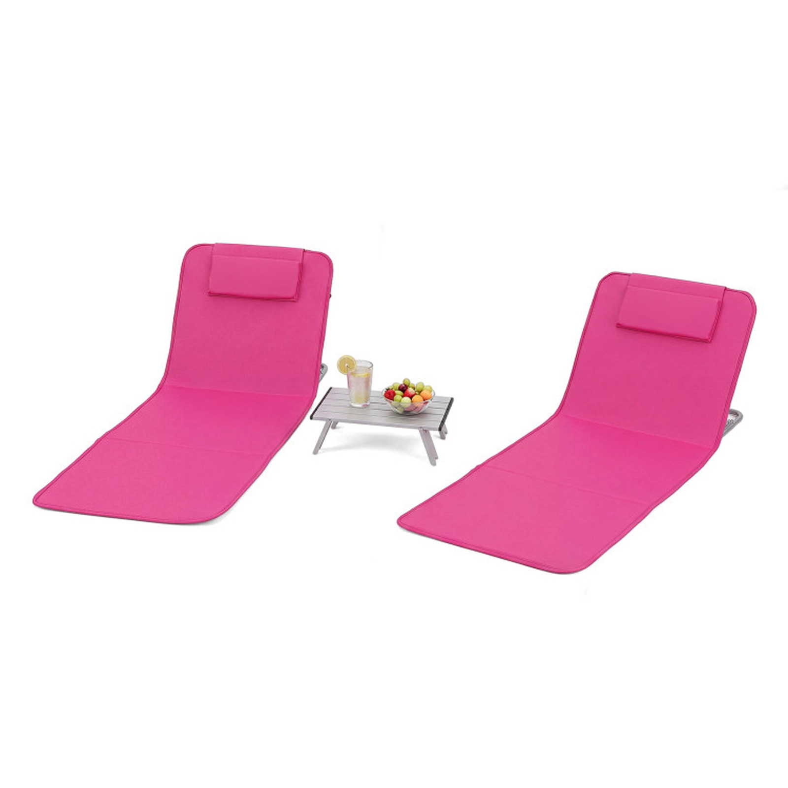 SUGIFT 3-Piece Pink Stripe 5-Position Adjustable Folding Beach Lounge Chair Set with Side Table and Carry Bag