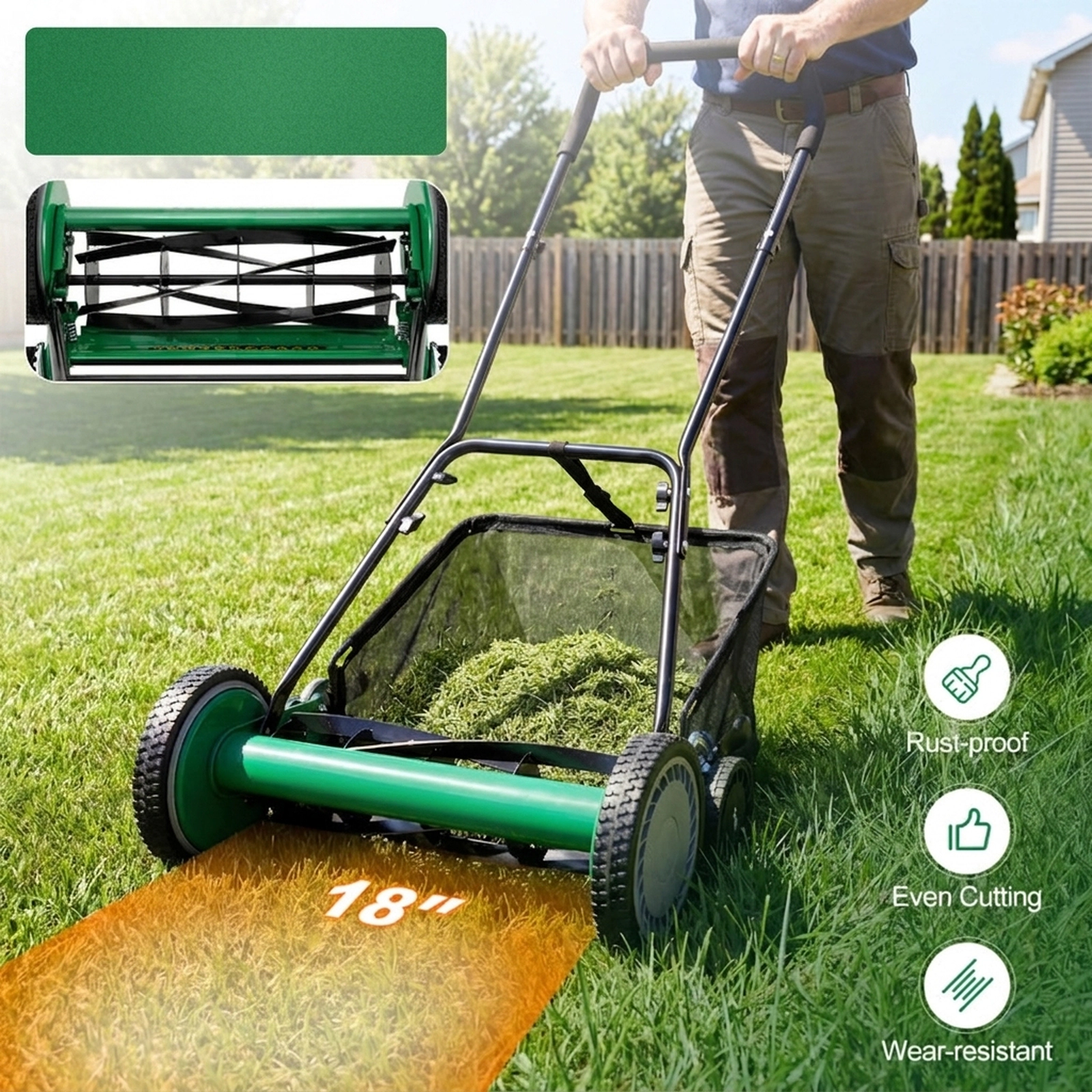 SUGIFT 18-in Cutting Width Push Reel Lawn Mower 4-Position Adjustable with Removable Grass Catcher Green