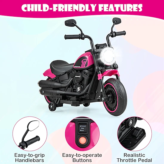 LJG Kids Electric Motorcycle with Training Wheels and LED Headlights