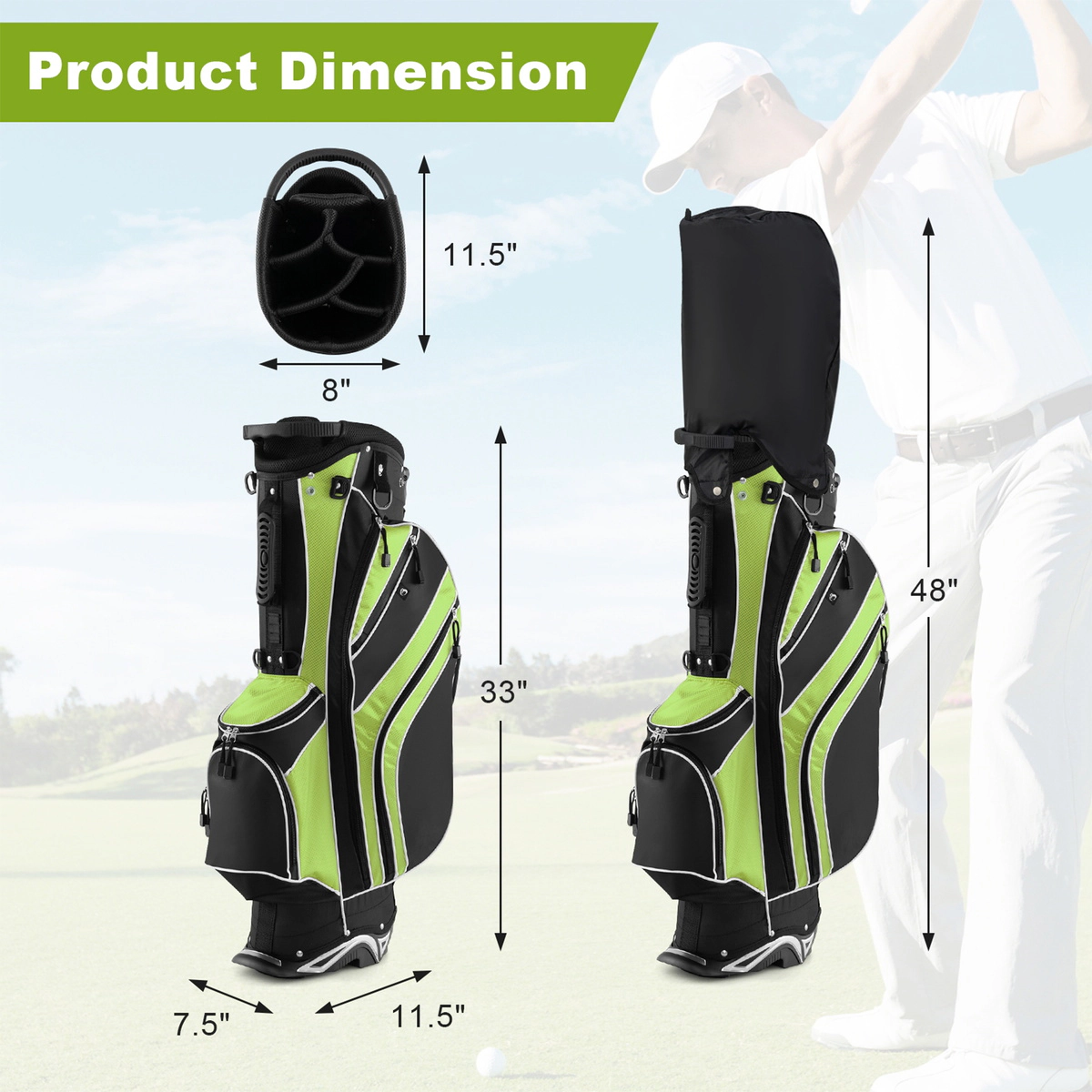 SUGIFT Green 6-Way Top Divider Umbrella Holder and Padded Straps Golf Stand Cart Bag