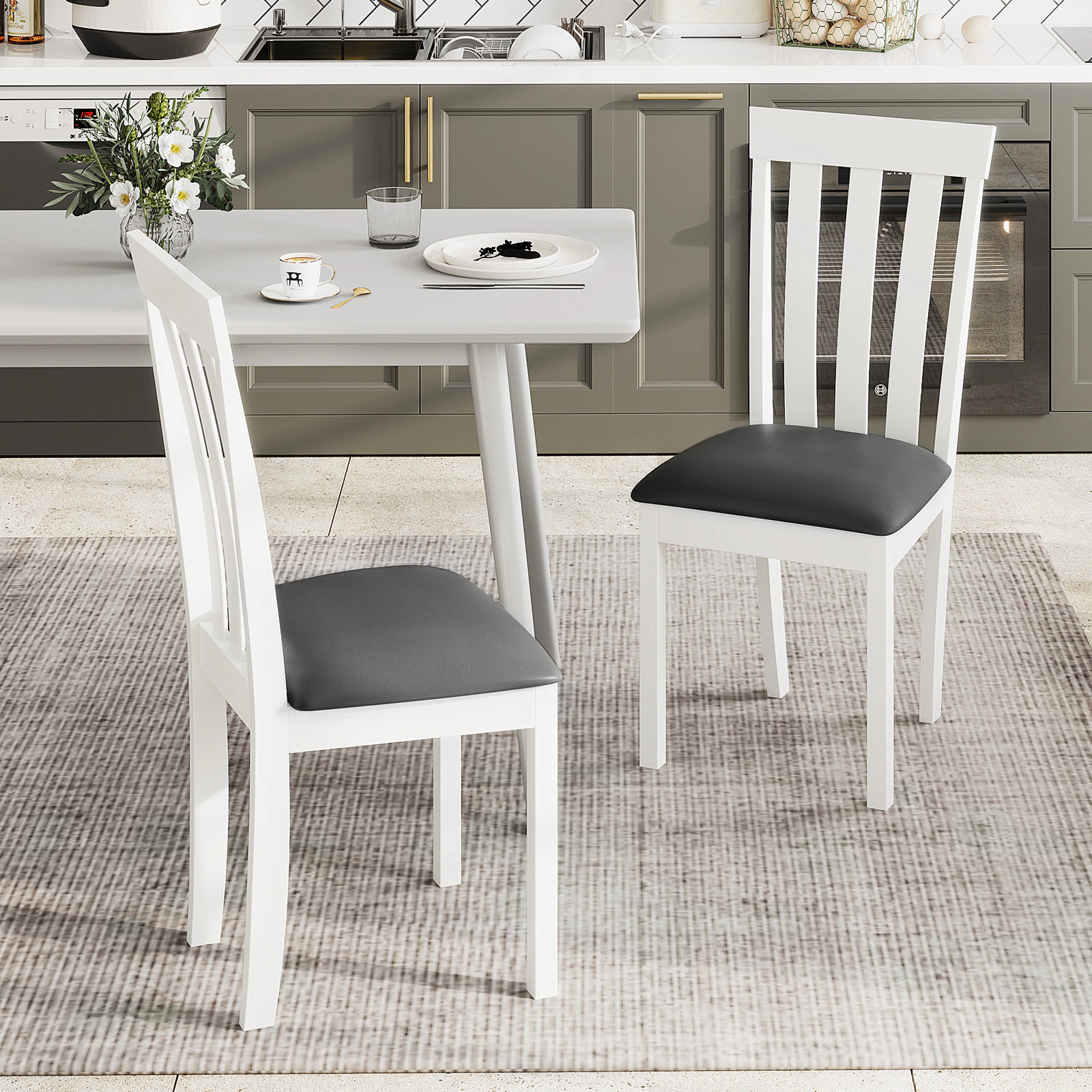SUGIFT Set of 2 White Upholstered Dining Chairs, Padded Slat Back