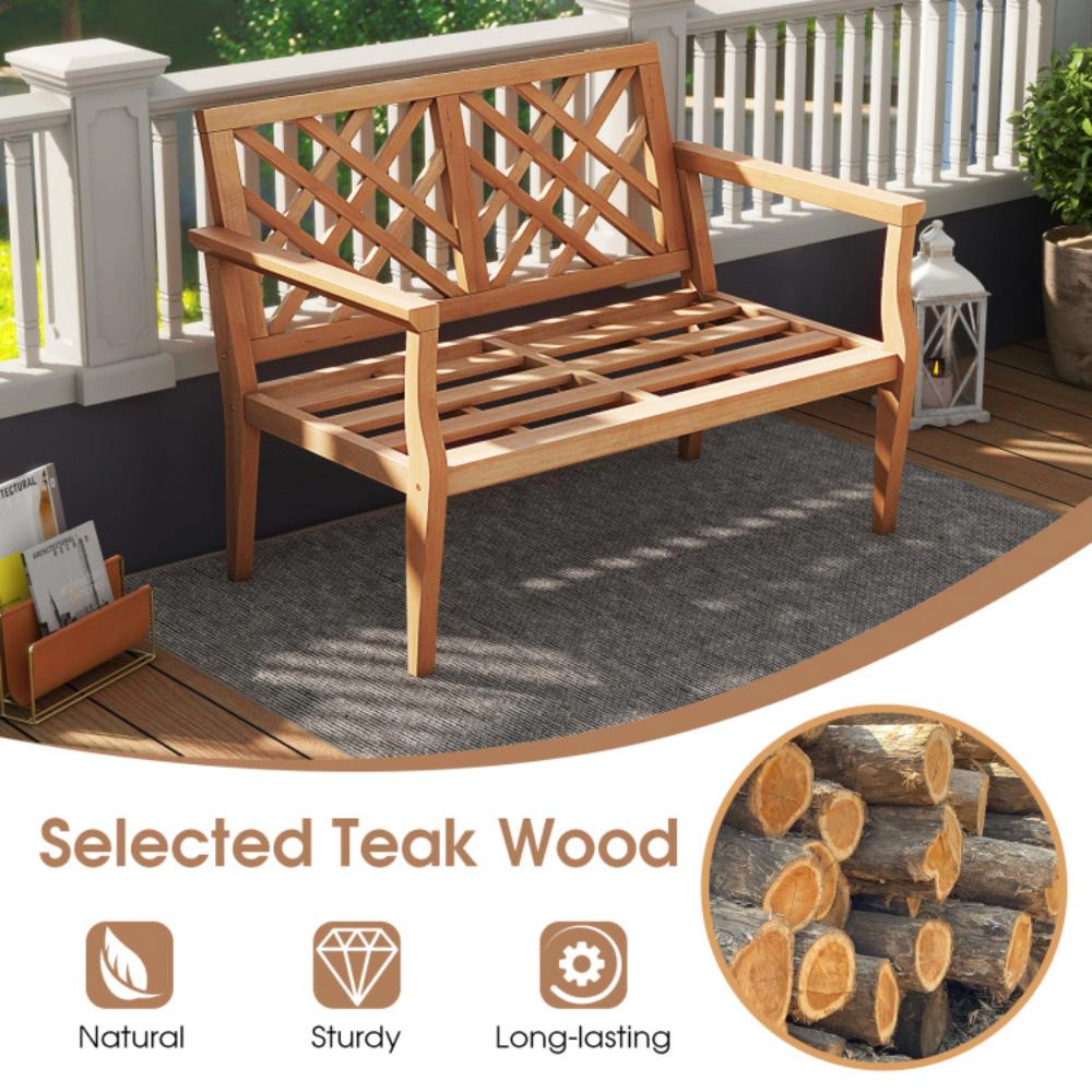 Hivvago Outdoor Garden Bench 2-Person Teak Wood Bench With Comfy Armrests And Backrest