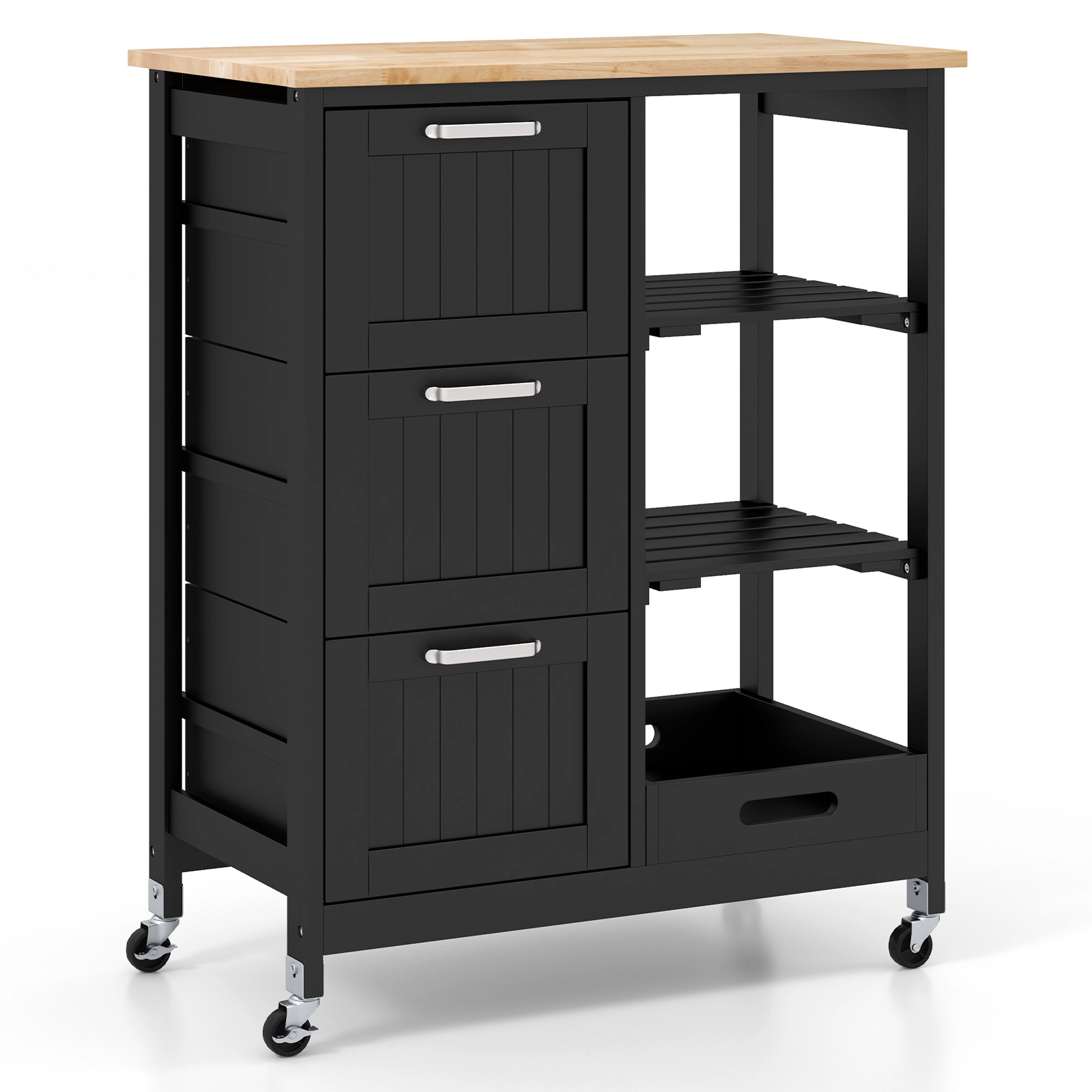 SUGIFT Rolling Kitchen Island Utility Storage Cart with 3 Large Drawers and Open Shelves 44-lb Countertop Capacity Black