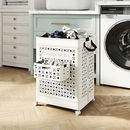 SUGIFT Collapsible 20-Gallon Laundry Basket with Hanging Basket 22-lb Capacity 17-in Wide PP Storage Bin White