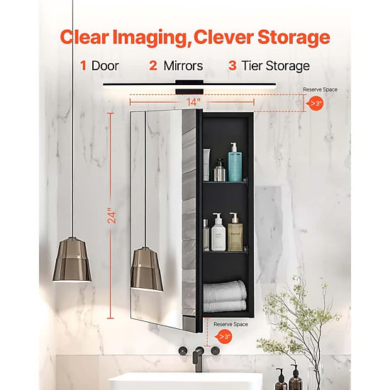 HONGGE Medicine Cabinet Medicine Cabinet for Bathroom with Mirror Aluminum Frame Bathroom Wall Cabinet Adjustable