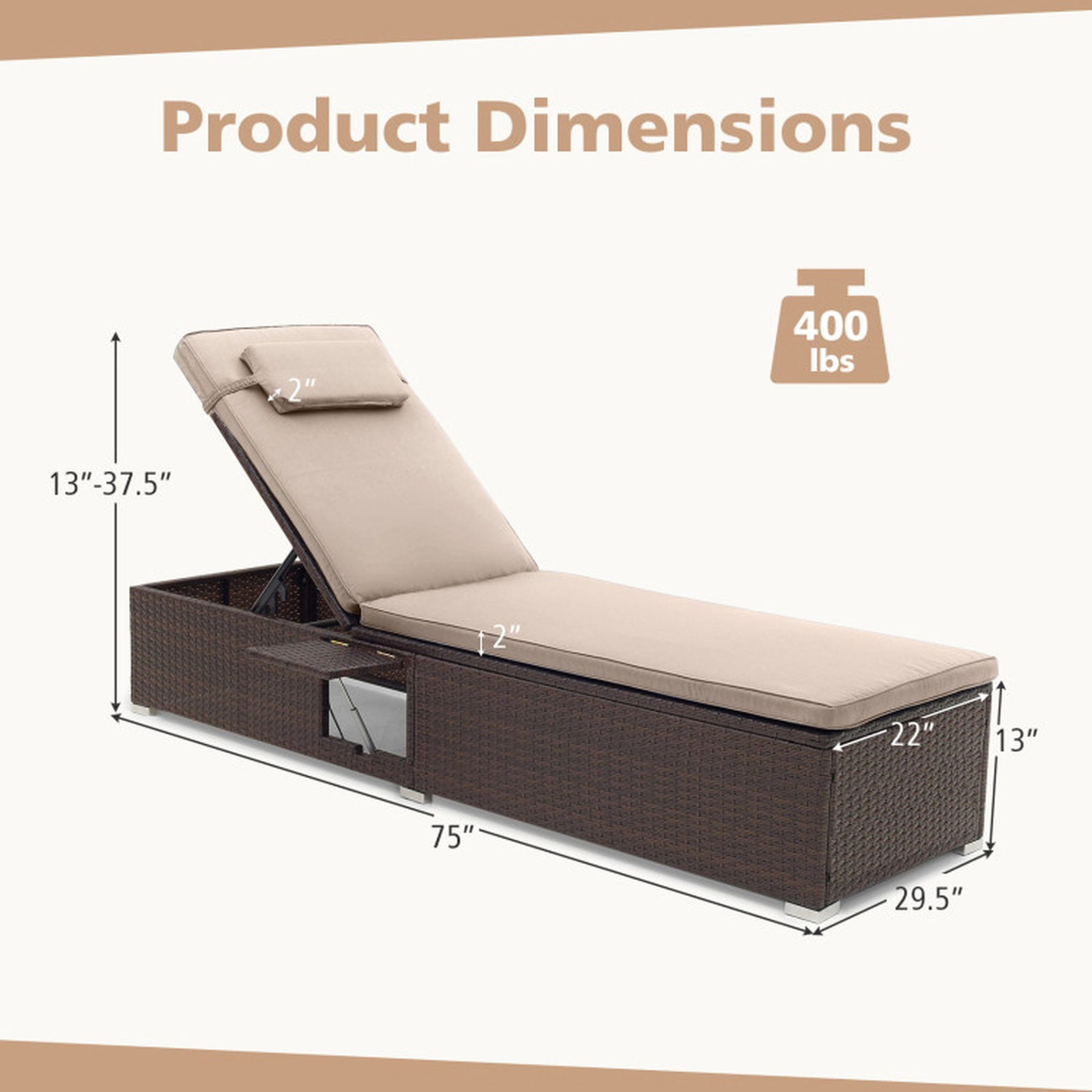 SUGIFT Outdoor PE Rattan Chaise Lounge with 6-Position Adjustable Backrest and Side Table 400-Lb Capacity Mix Brown