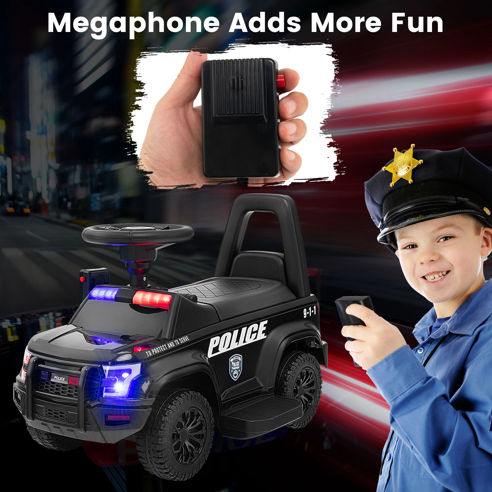 LJG 6V Kids Ride on Police Car with Real Megaphone and Siren Flashing Lights