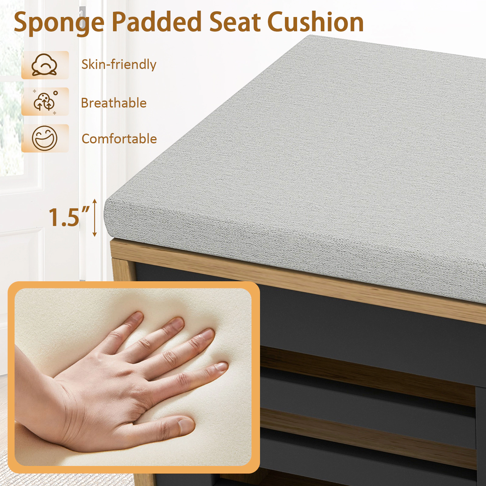 SUGIFT 39-in Shoe Storage Bench with 2 Sliding Doors 6 Compartments and Cushioned Entryway Window Seat