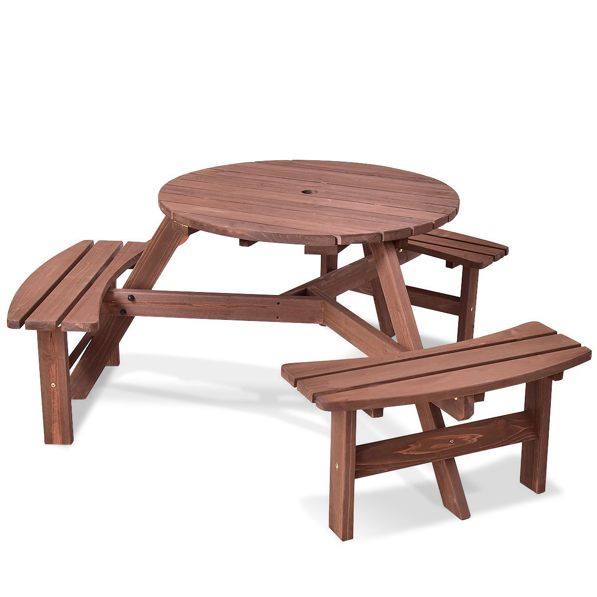 SUGIFT 6-Person Fir Wood Picnic Table Set with Benches and Umbrella Hole 500-Lb Capacity Dark Brown