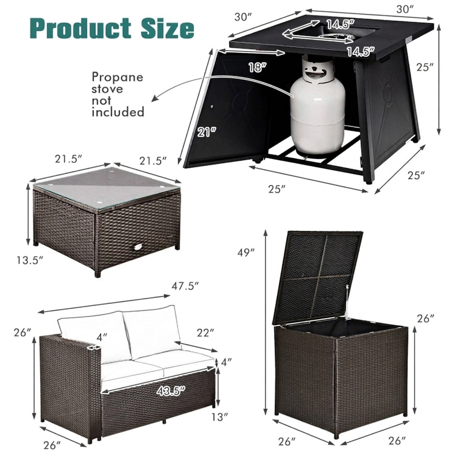 SUGIFT 5-Piece Patio Furniture Set with 50,000 BTU Propane Fire Pit Table